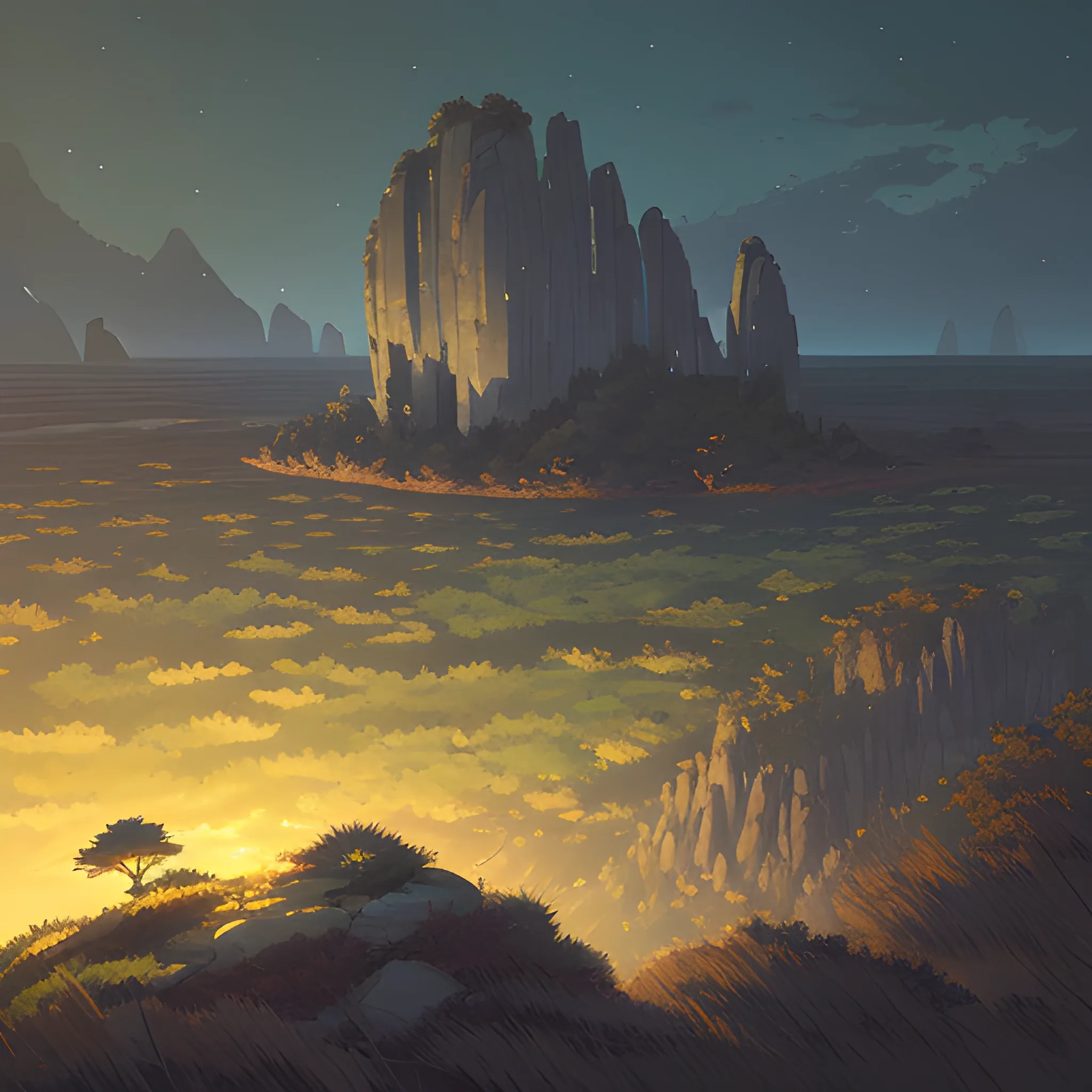 night, a top view of a giants rocks, grasses... in the style of makoto shinkai and greg rutkowski and albert bierstadt and james gurney