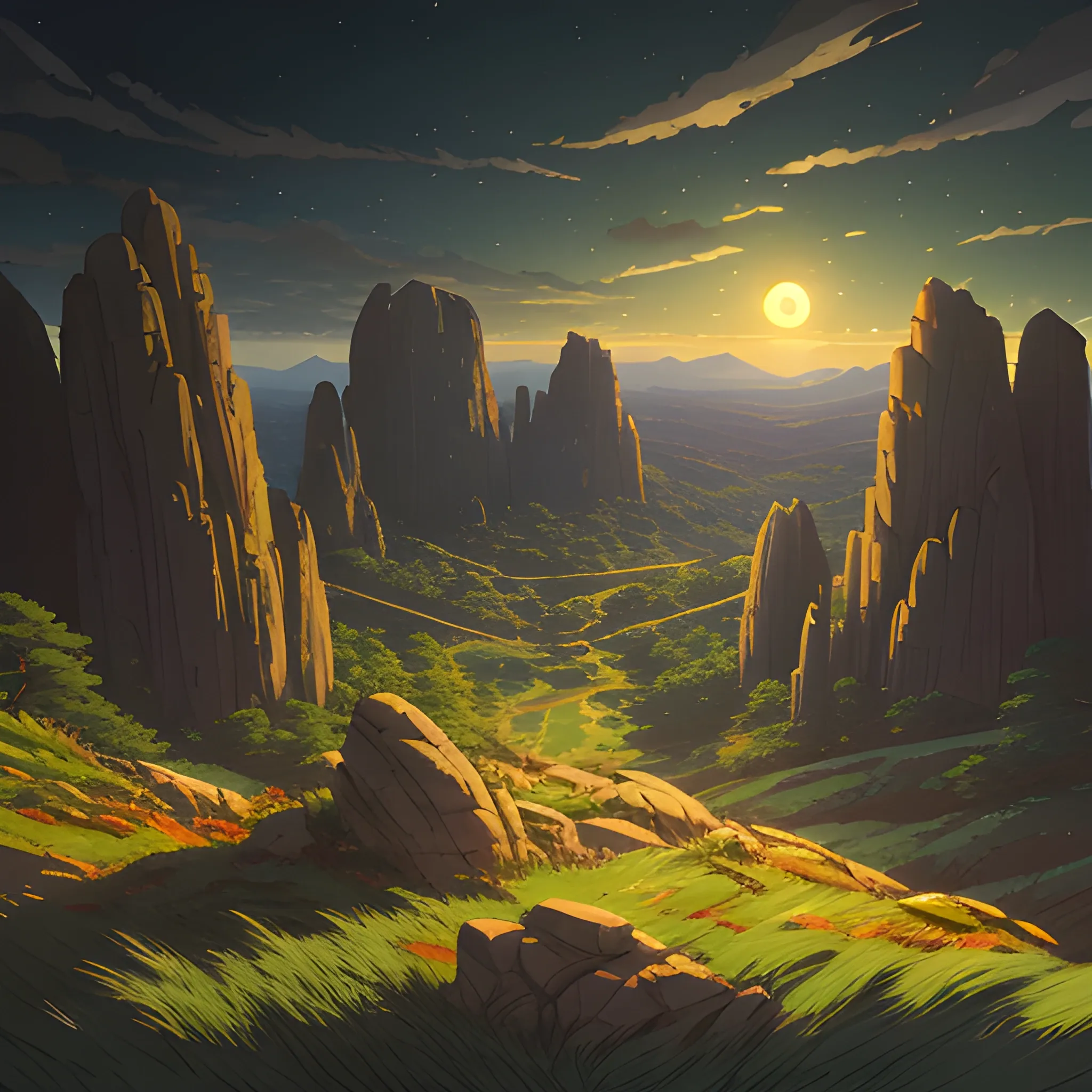 night, a top view of a giants rocks, grasses... in the style of makoto shinkai and greg rutkowski and albert bierstadt and james gurney