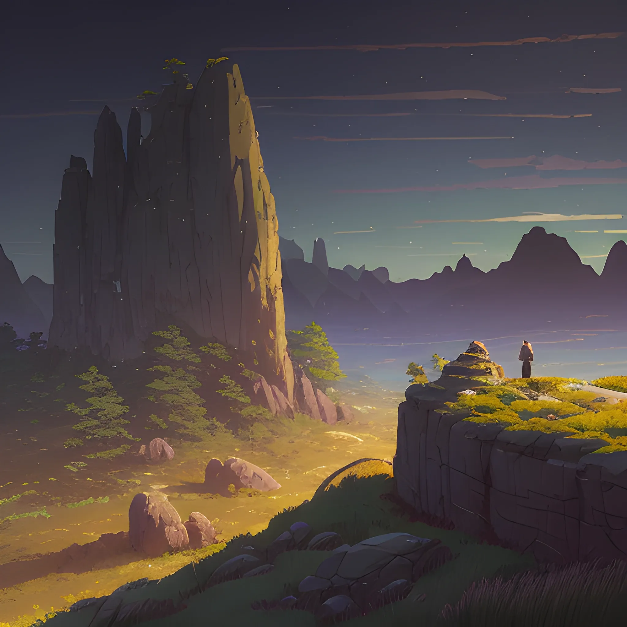 night, a top view of a giants rocks, grasses... in the style of makoto shinkai and greg rutkowski and albert bierstadt and james gurney