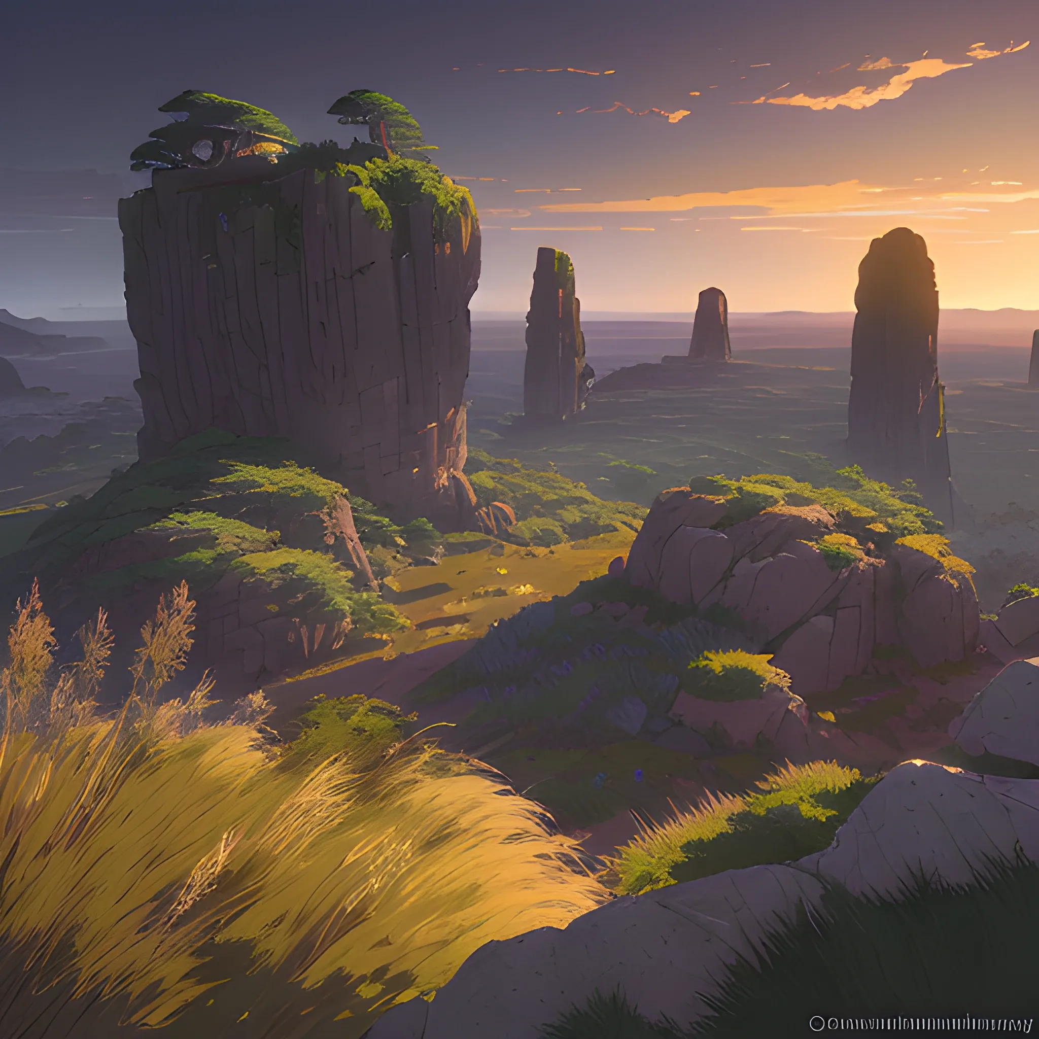 night, a top view of a giants rocks, grasses... in the style of makoto shinkai and greg rutkowski and albert bierstadt and james gurney