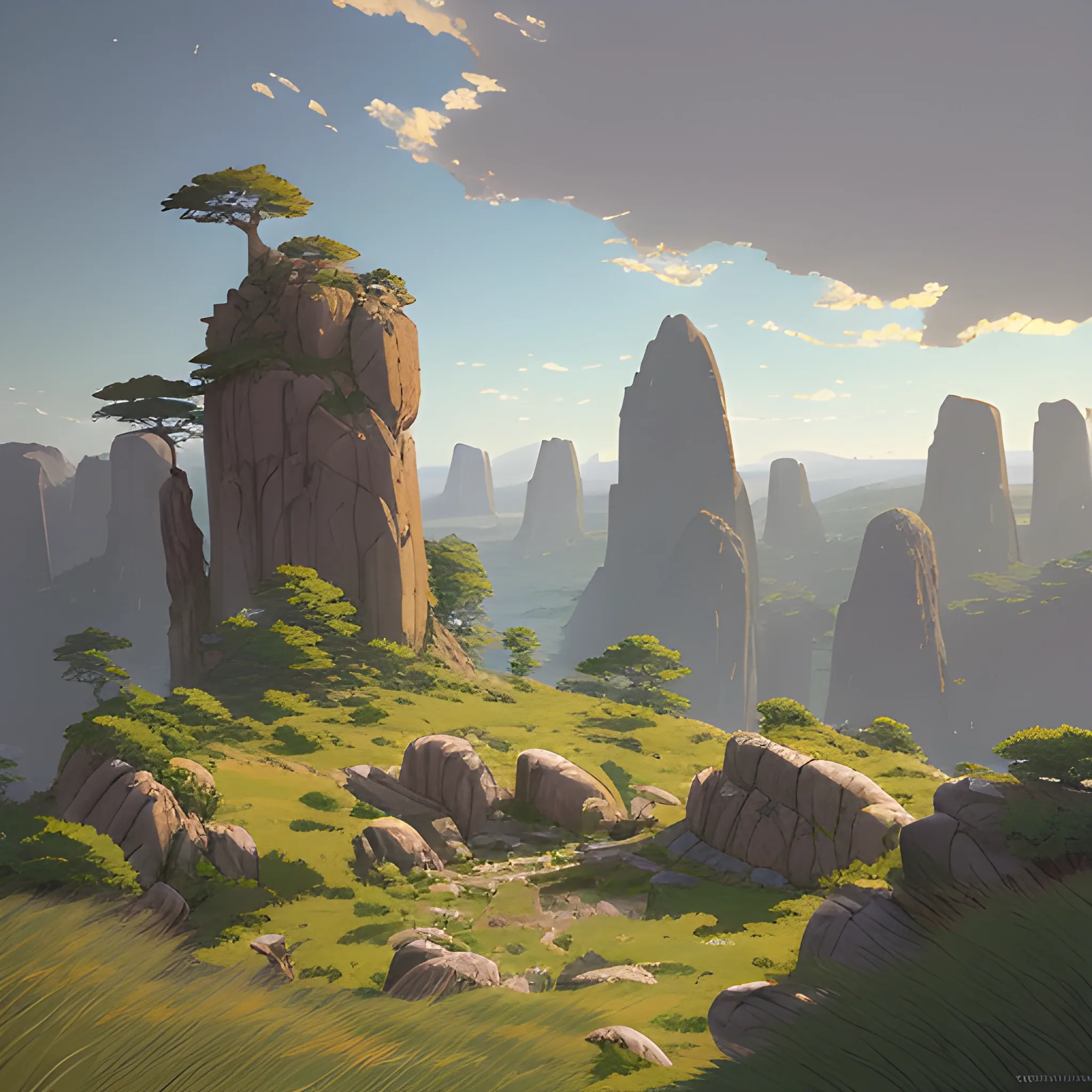 a top view of a giants rocks, grasses... in the style of makoto shinkai and greg rutkowski and albert bierstadt and james gurney