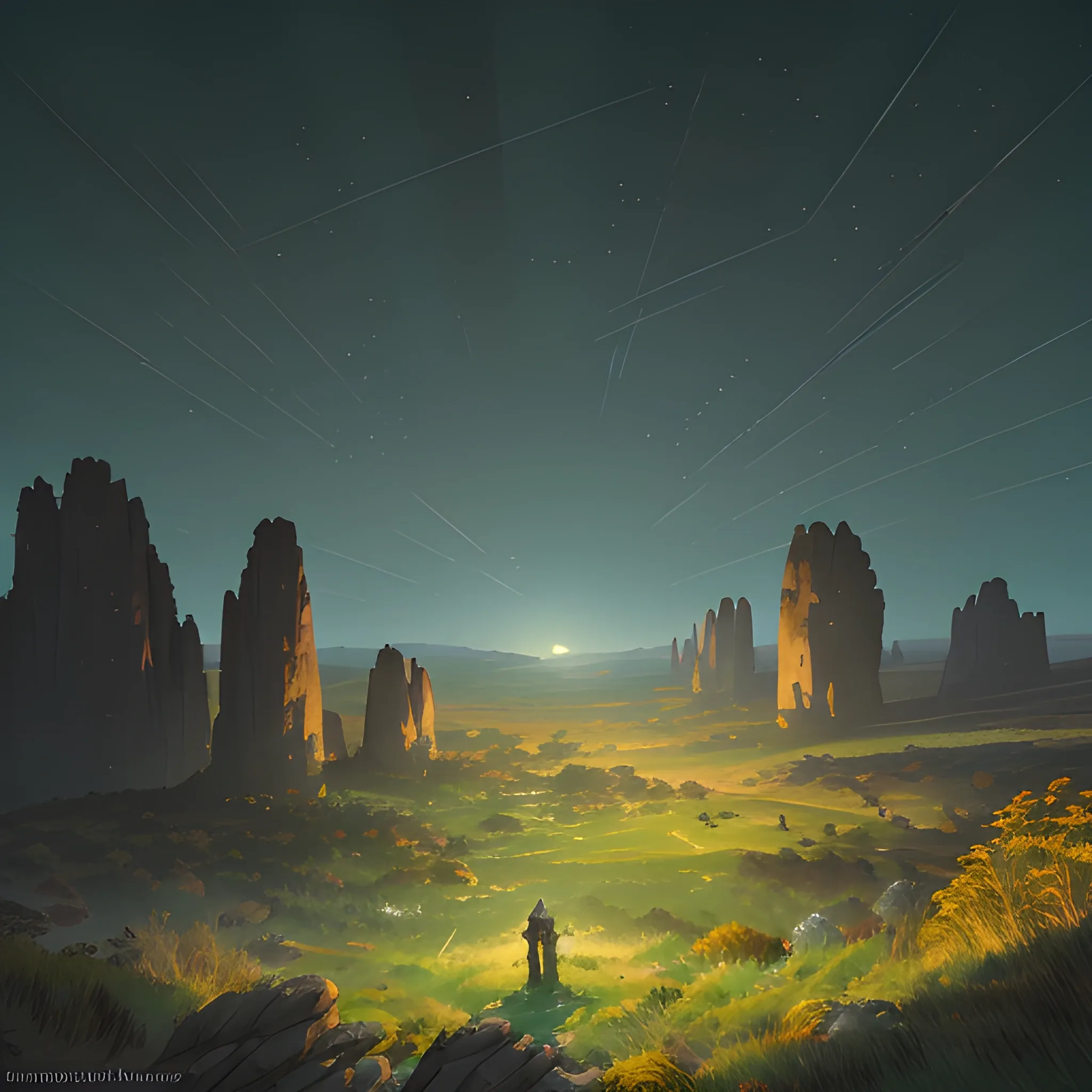 night, a top view of a giants rocks, grasses... in the style of makoto shinkai and greg rutkowski and albert bierstadt and james gurney