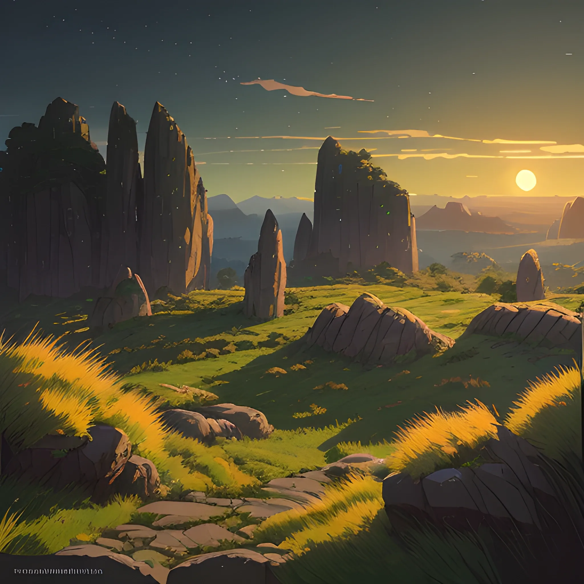 night, a top view of a giants rocks, grasses... in the style of makoto shinkai and greg rutkowski and albert bierstadt and james gurney