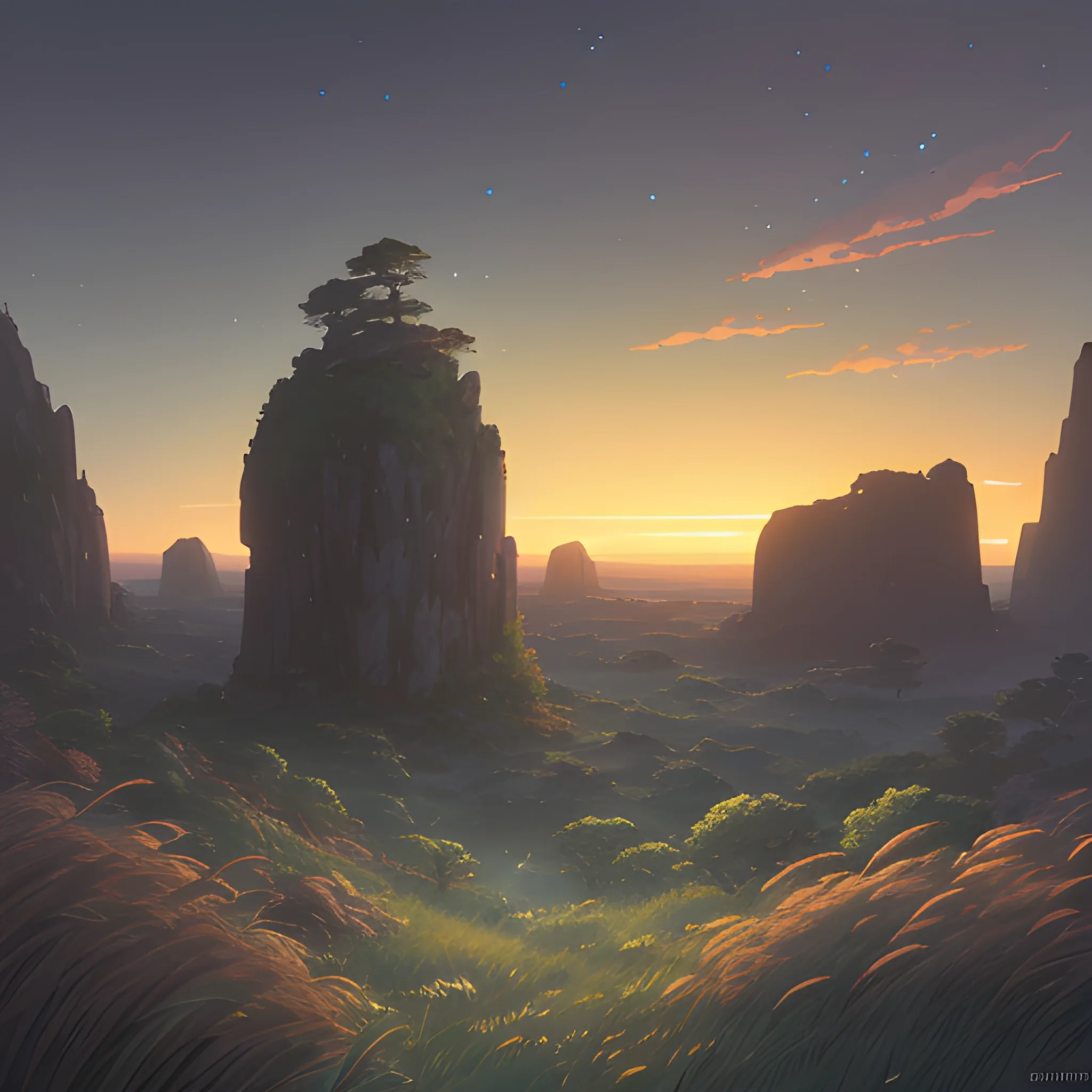 night, a top view of a giants rocks, grasses... in the style of makoto shinkai and greg rutkowski and albert bierstadt and james gurney