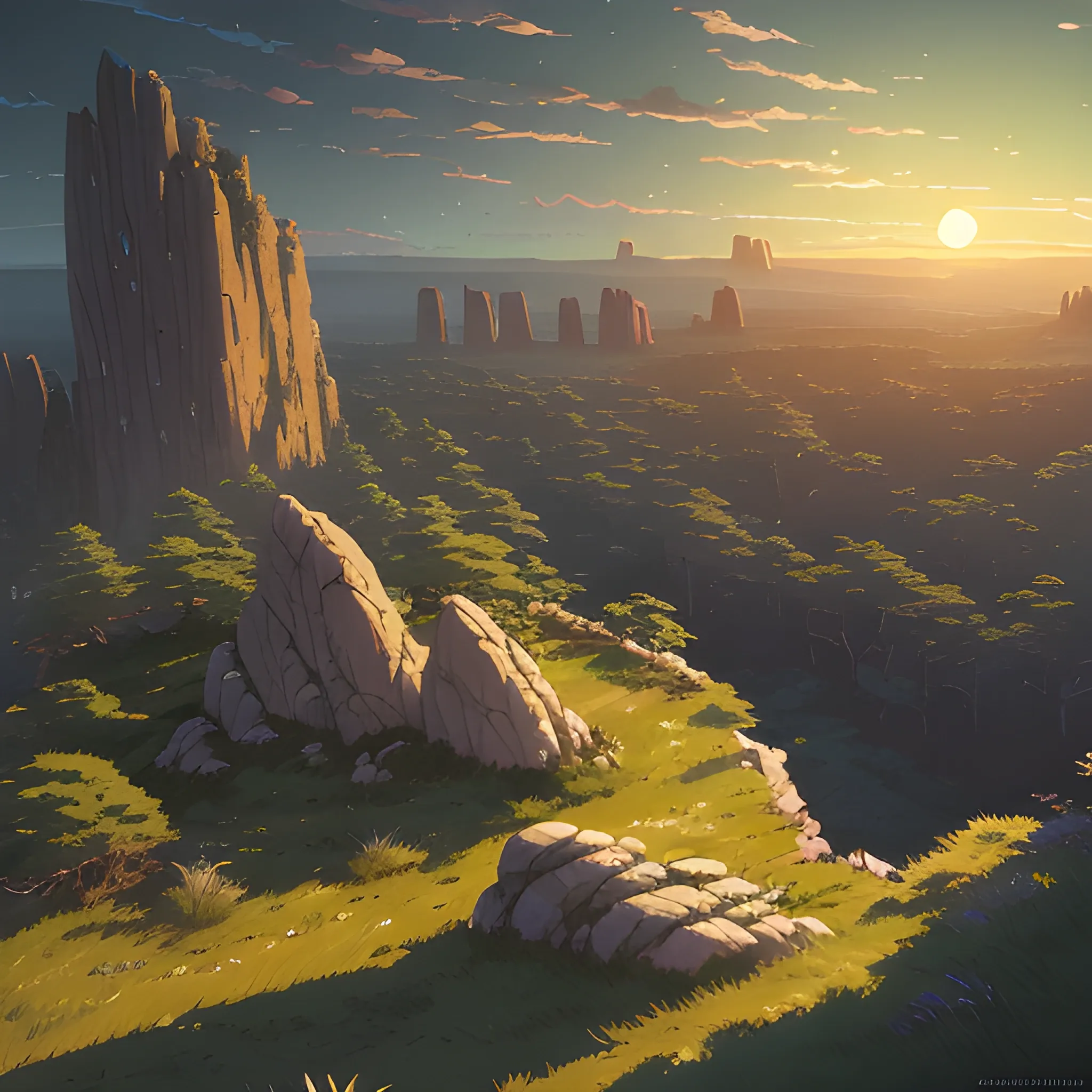 night, a top view of a giants rocks, grasses... in the style of makoto shinkai and greg rutkowski and albert bierstadt and james gurney