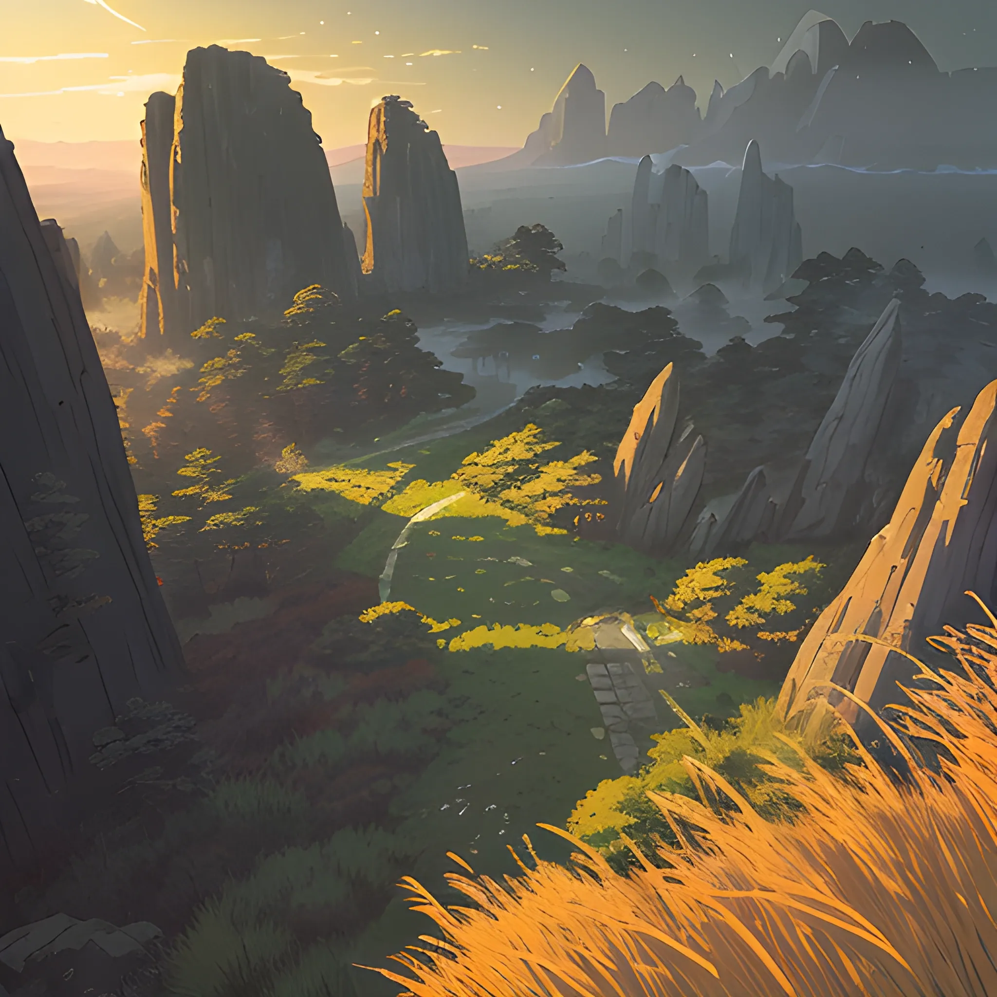 night, a top view of a giants rocks, grasses... in the style of makoto shinkai and greg rutkowski and albert bierstadt and james gurney