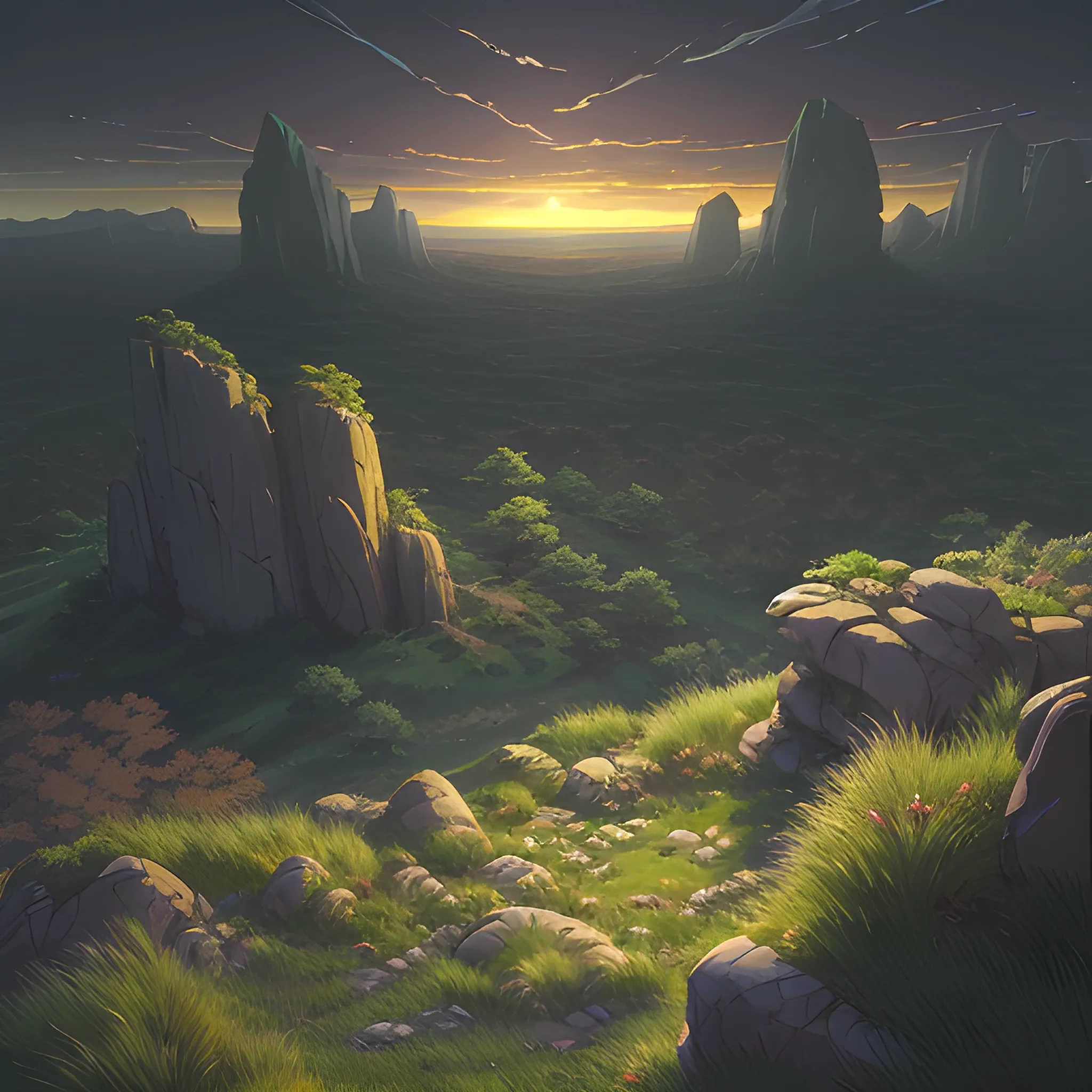 night, a top view of a giants rocks, grasses... in the style of makoto shinkai and greg rutkowski and albert bierstadt and james gurney