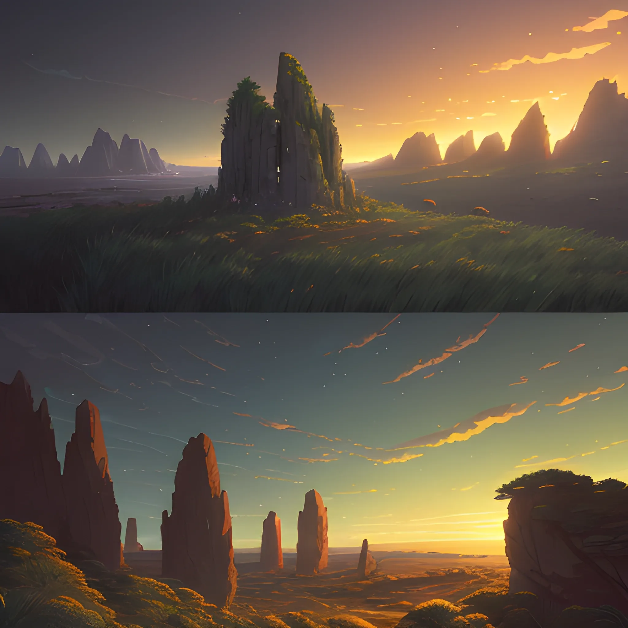 night, a top view of a giants rocks, grasses... in the style of makoto shinkai and greg rutkowski and albert bierstadt and james gurney