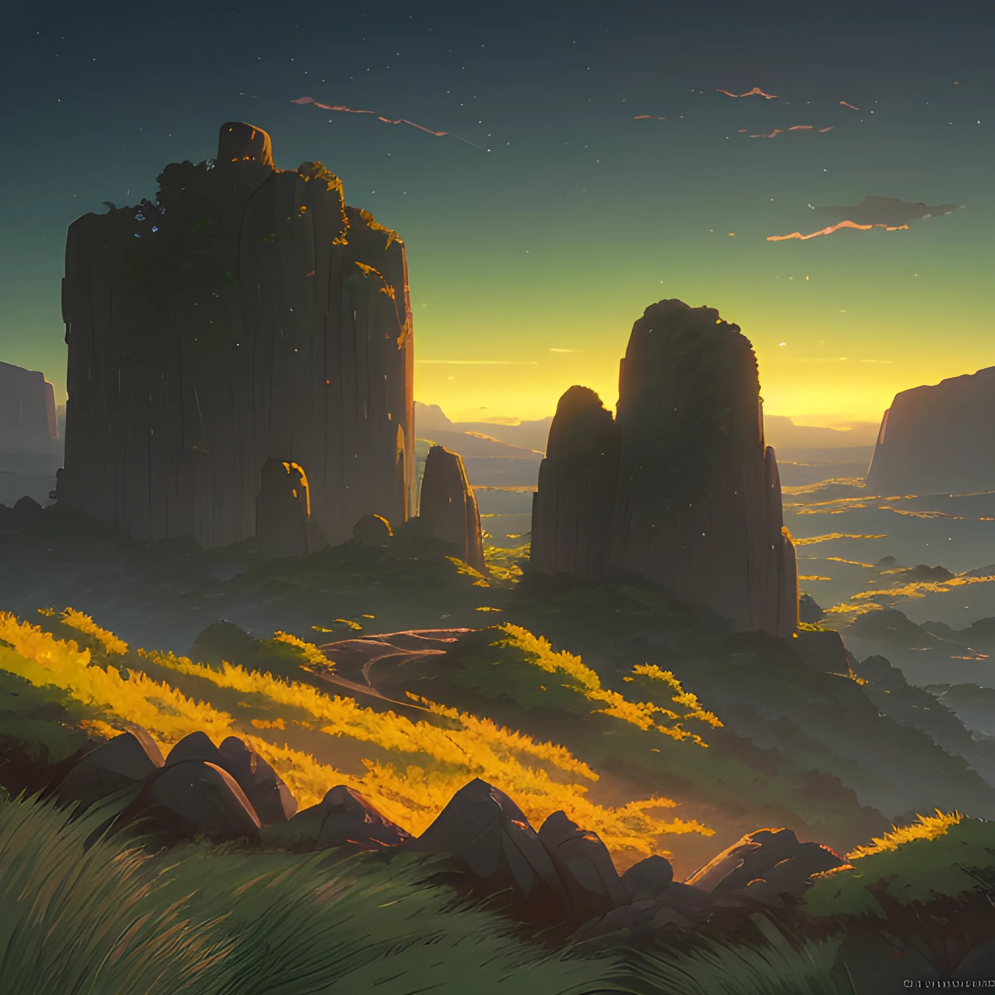 night, a top view of a giants rocks, grasses... in the style of makoto shinkai and greg rutkowski and albert bierstadt and james gurney