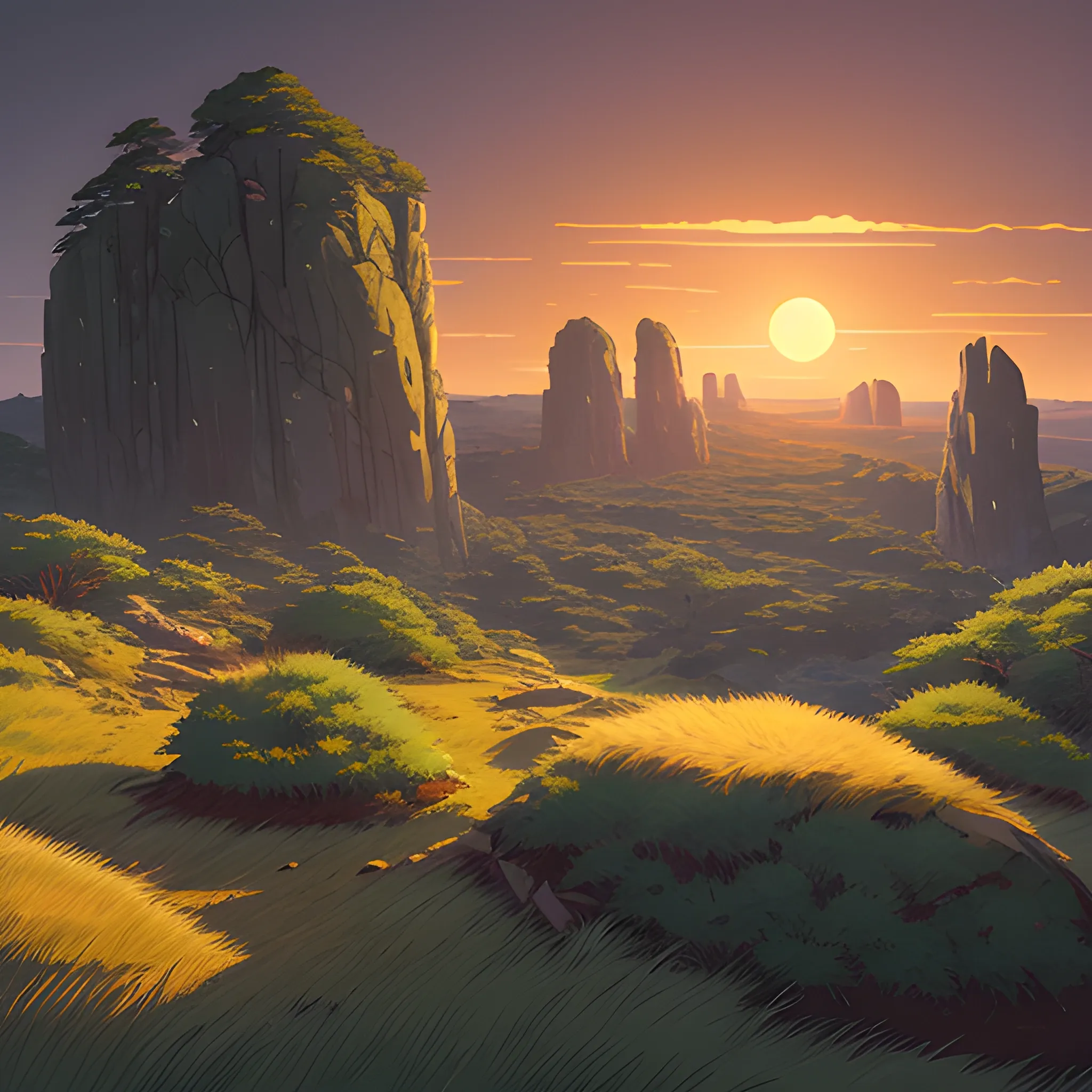 night, a top view of a giants rocks, grasses... in the style of makoto shinkai and greg rutkowski and albert bierstadt and james gurney