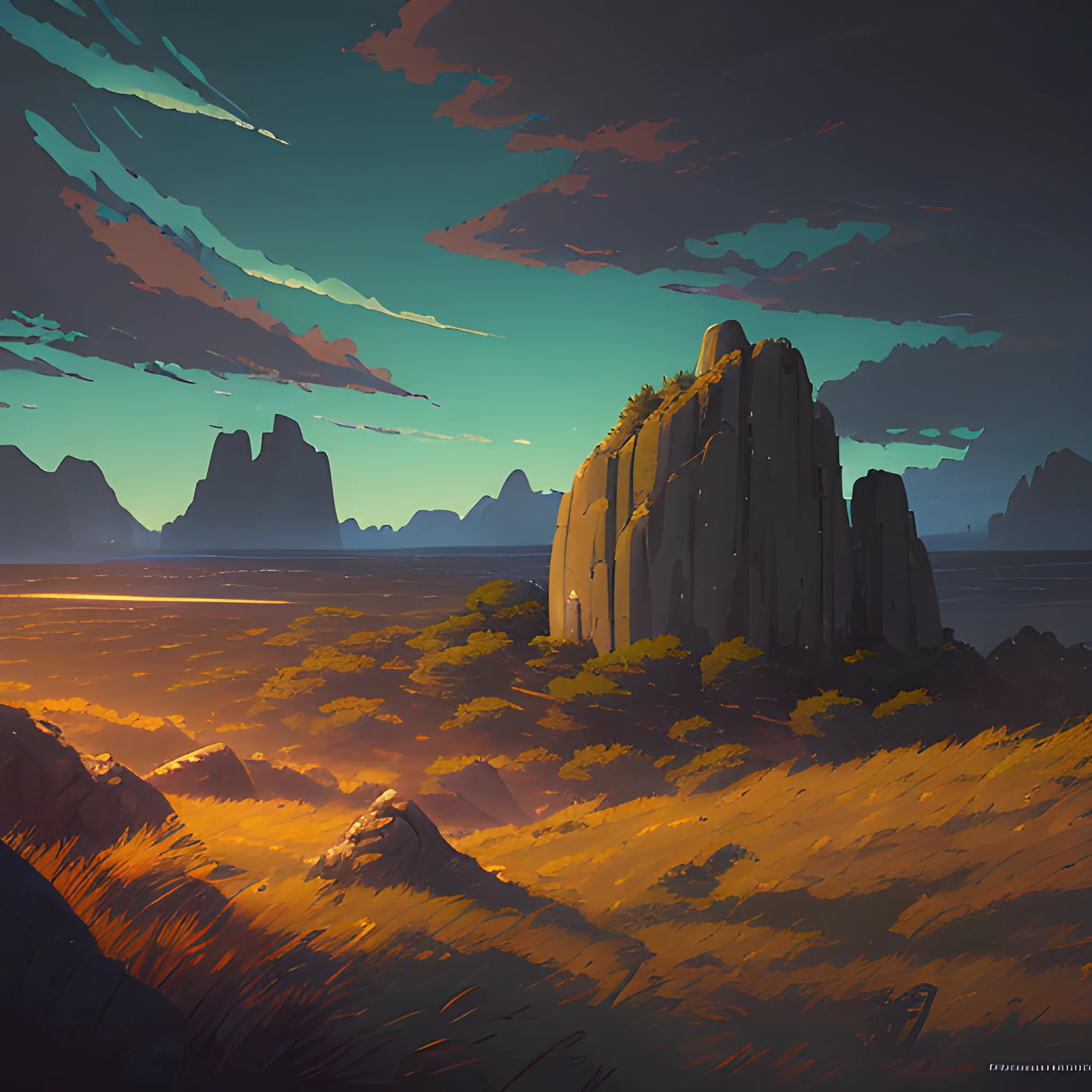 night, a top view of a giants rocks, grasses... in the style of makoto shinkai and greg rutkowski and albert bierstadt and james gurney