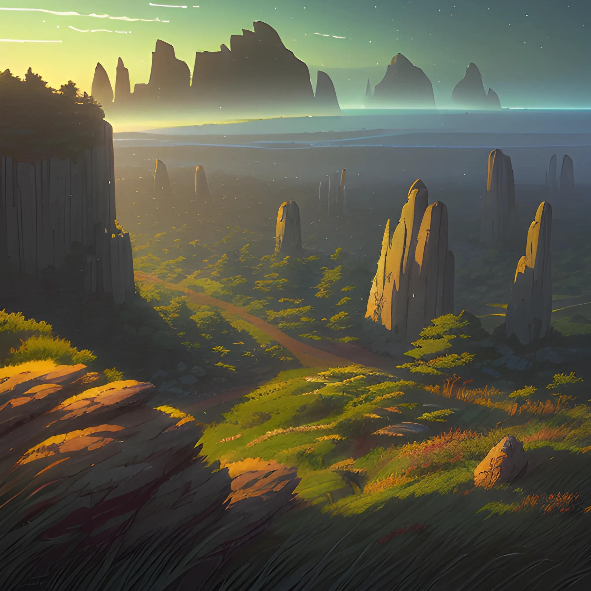 night, a top view of a giants rocks, grasses... in the style of makoto shinkai and greg rutkowski and albert bierstadt and james gurney