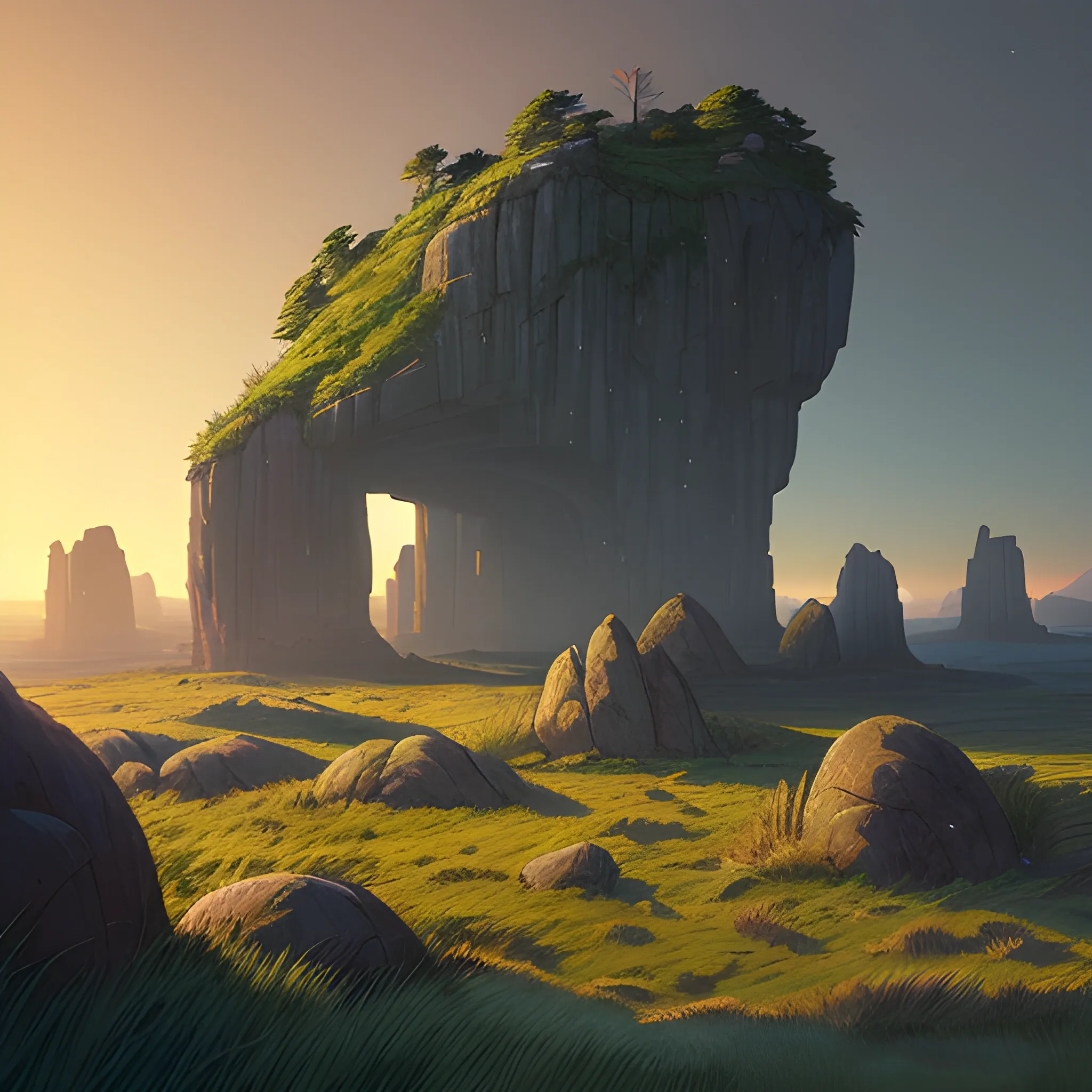 night, a top view of a giants rocks, grasses... in the style of makoto shinkai and greg rutkowski and albert bierstadt and james gurney