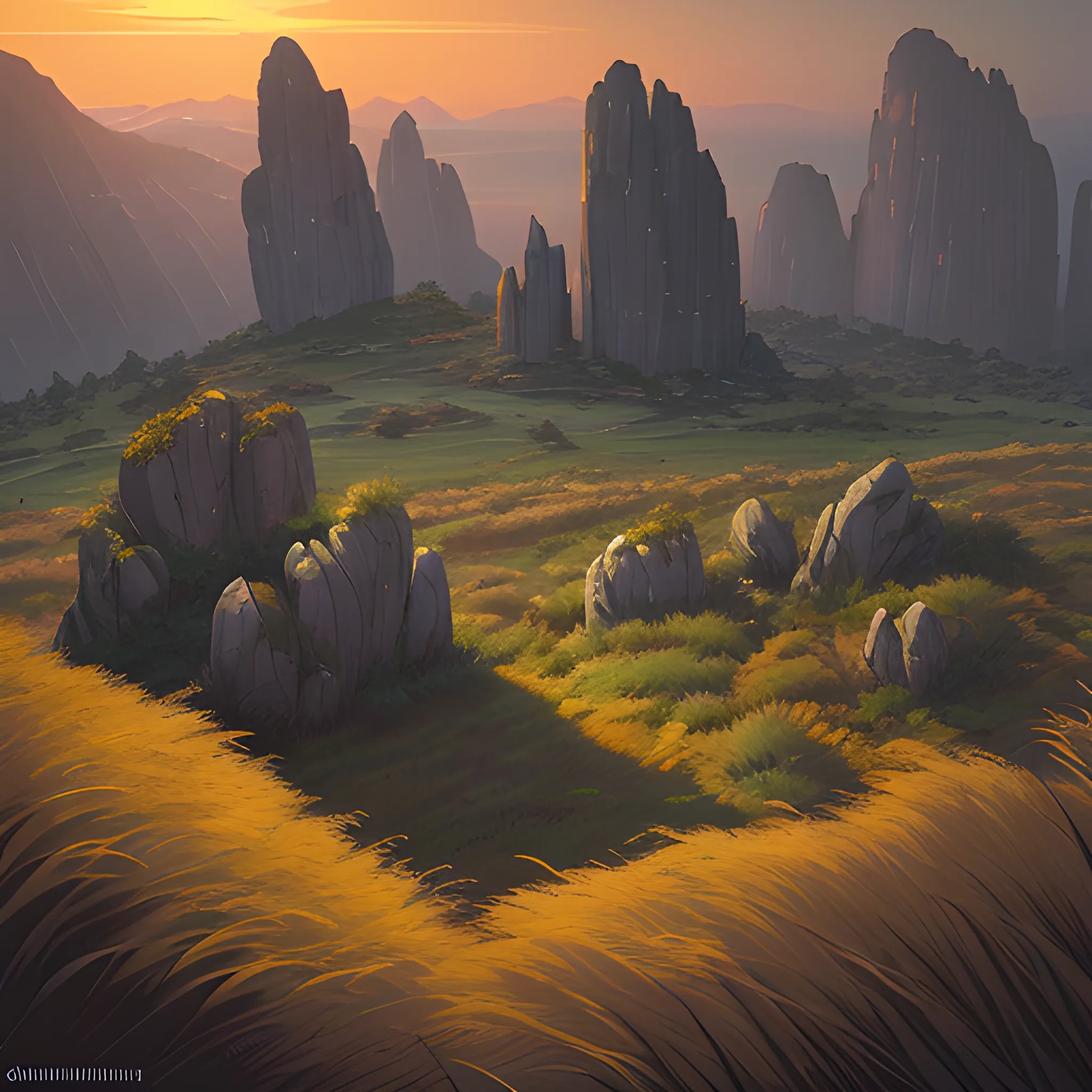 night, a top view of a giants rocks, grasses... in the style of makoto shinkai and greg rutkowski and albert bierstadt and james gurney