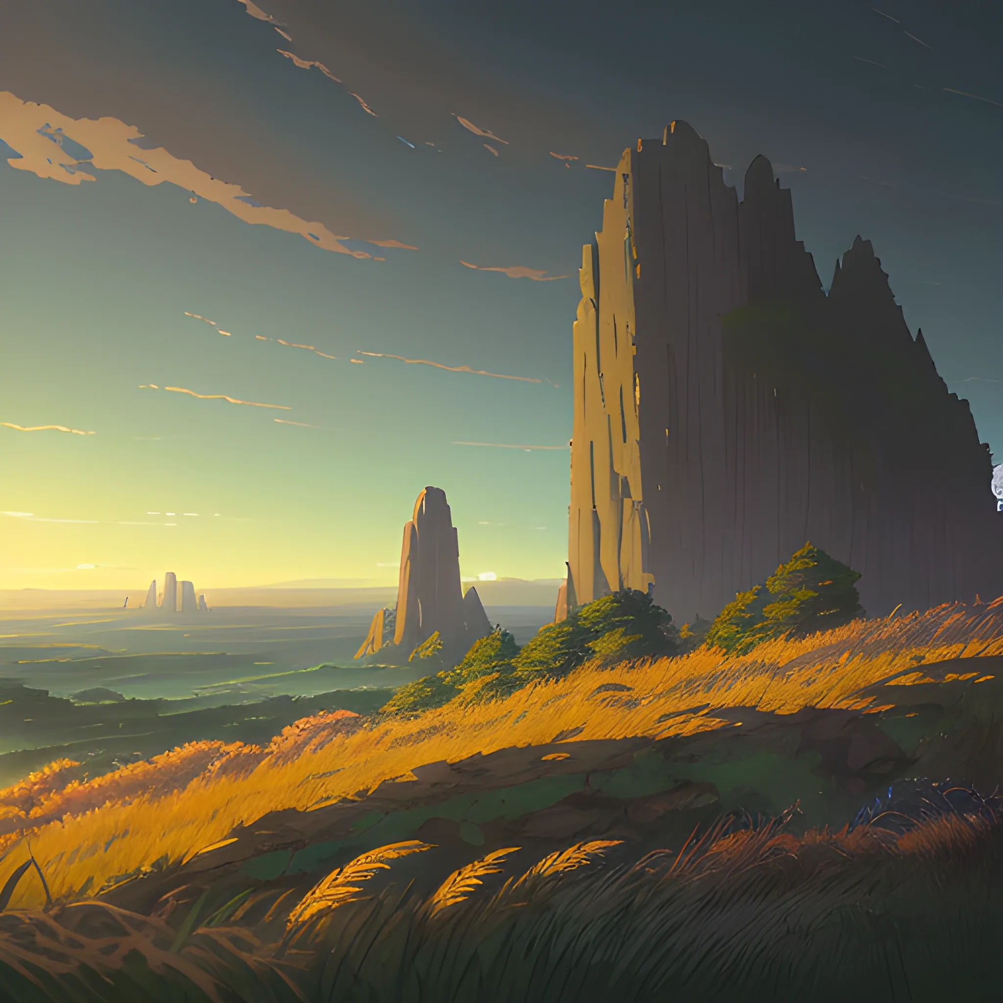 night, a top view of a giants rocks, grasses... in the style of makoto shinkai and greg rutkowski and albert bierstadt and james gurney