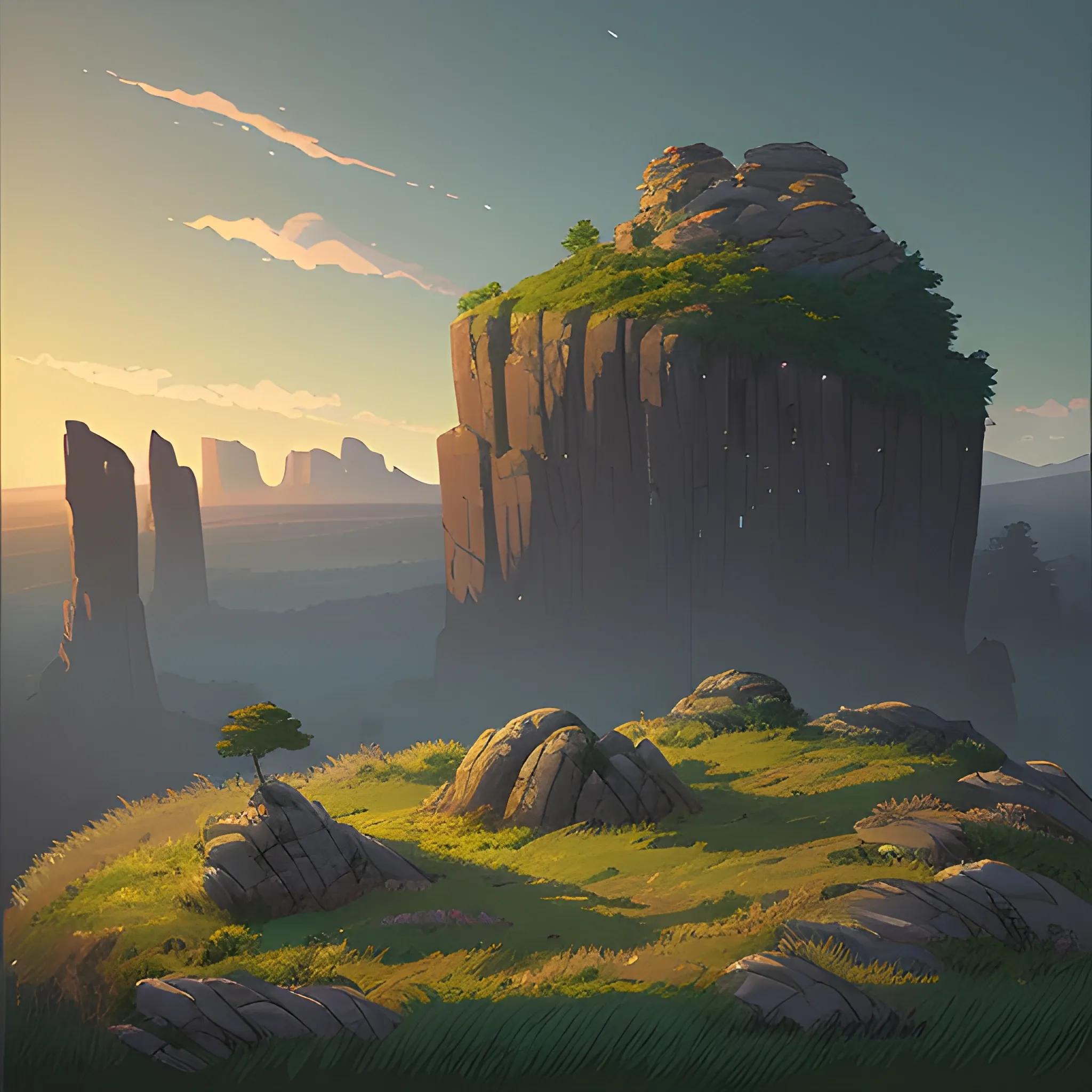 night, a top view of a giants rocks, grasses... in the style of makoto shinkai and greg rutkowski and albert bierstadt and james gurney