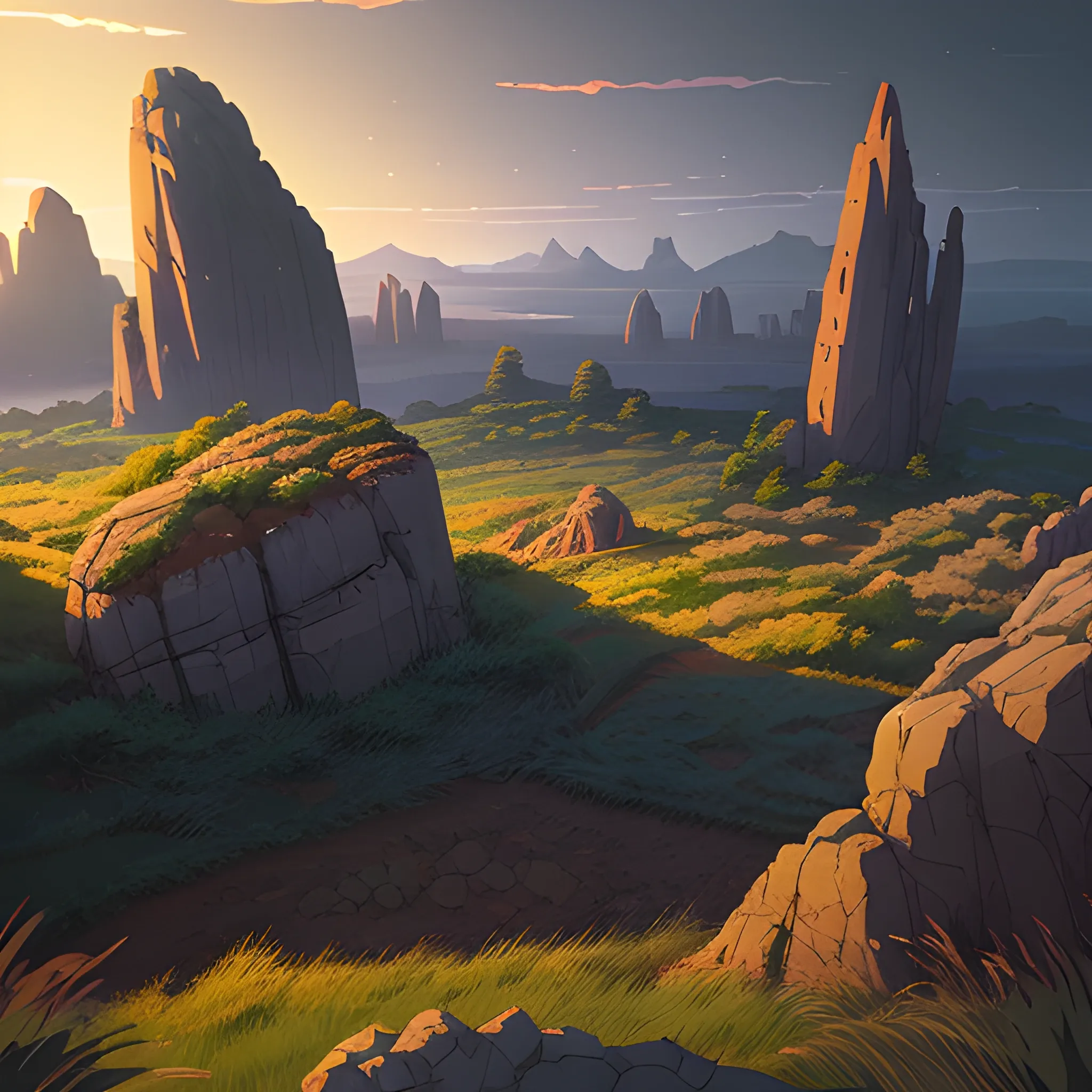 night, a top view of a giants rocks, grasses... in the style of makoto shinkai and greg rutkowski and albert bierstadt and james gurney