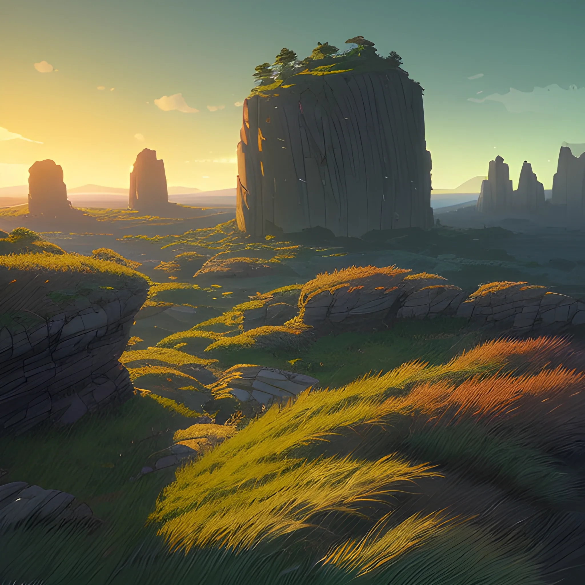 night, a top view of a giants rocks, grasses... in the style of makoto shinkai and greg rutkowski and albert bierstadt and james gurney