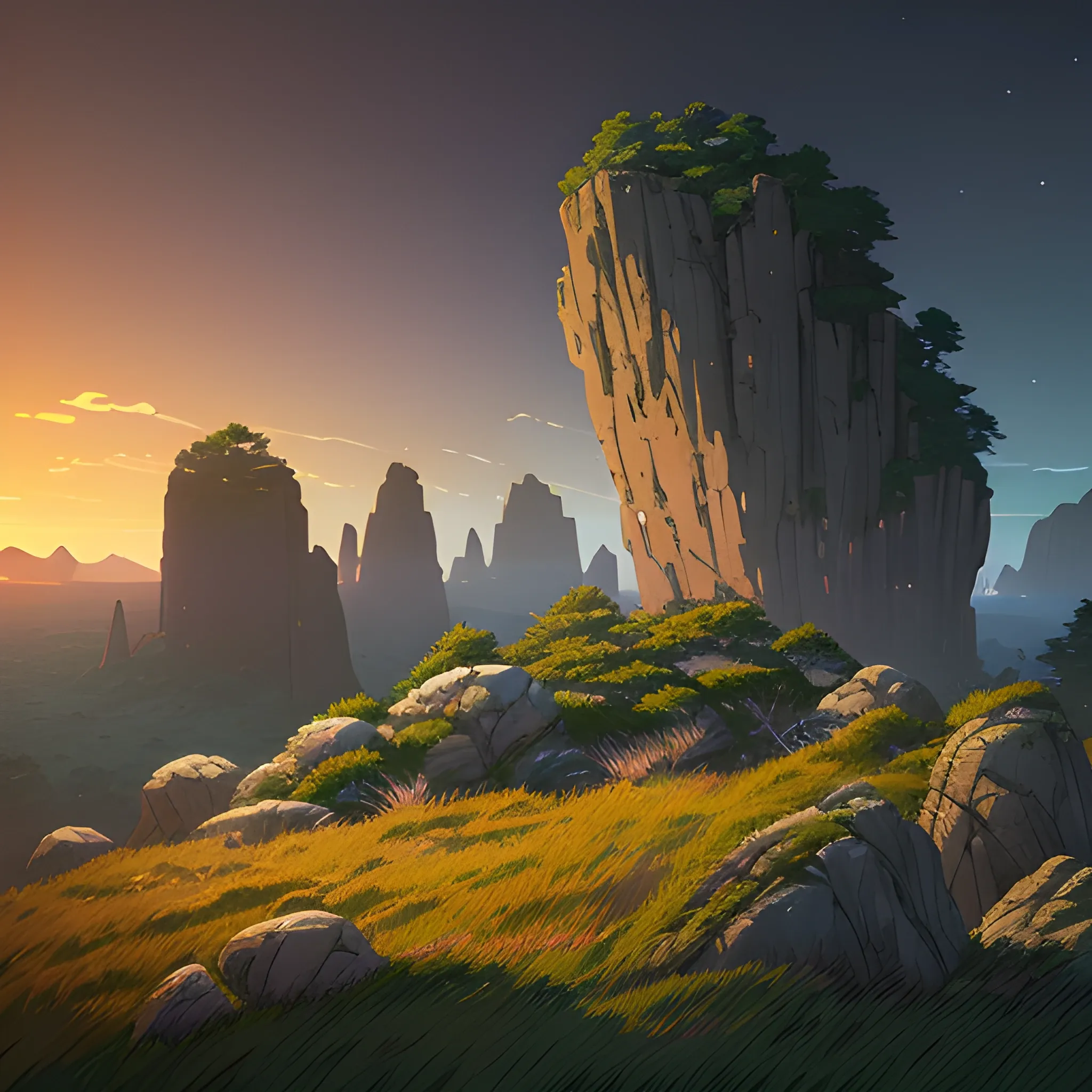 night, a top view of a giants rocks, grasses... in the style of makoto shinkai and greg rutkowski and albert bierstadt and james gurney