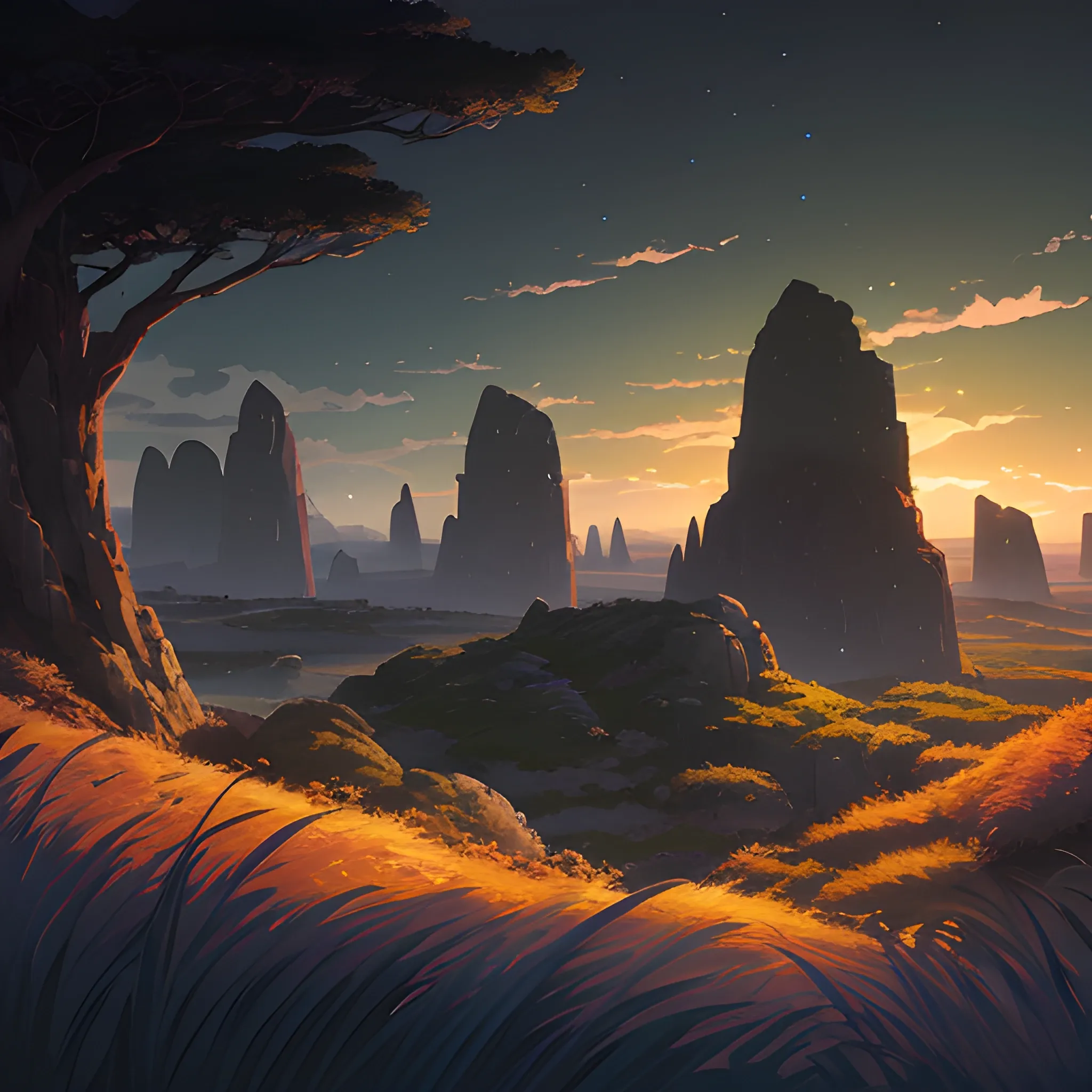 night, a top view of a giants rocks, grasses... in the style of makoto shinkai and greg rutkowski and albert bierstadt and james gurney