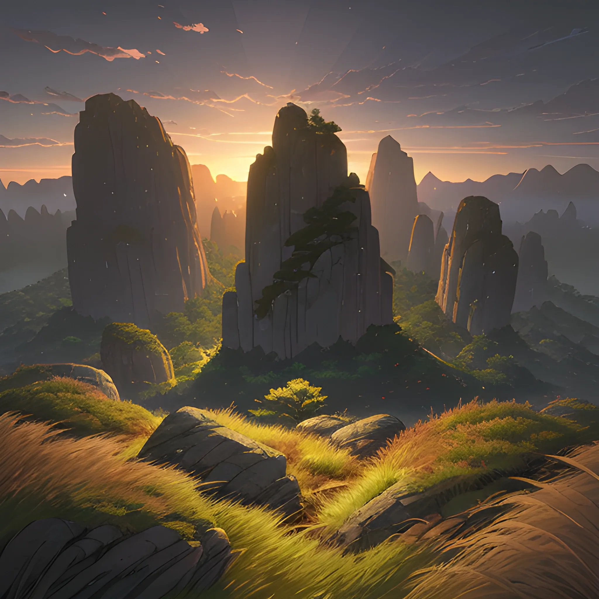 night, a top view of a giants rocks, grasses... in the style of makoto shinkai and greg rutkowski and albert bierstadt and james gurney