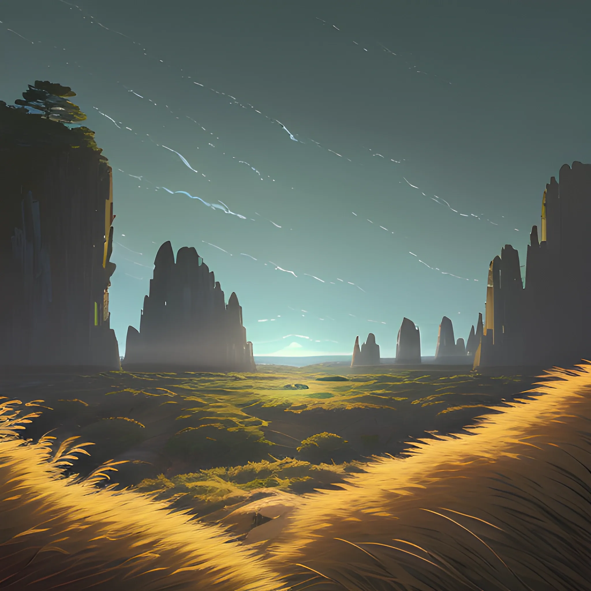 night, a top view of a giants rocks, grasses... in the style of makoto shinkai and greg rutkowski and albert bierstadt and james gurney