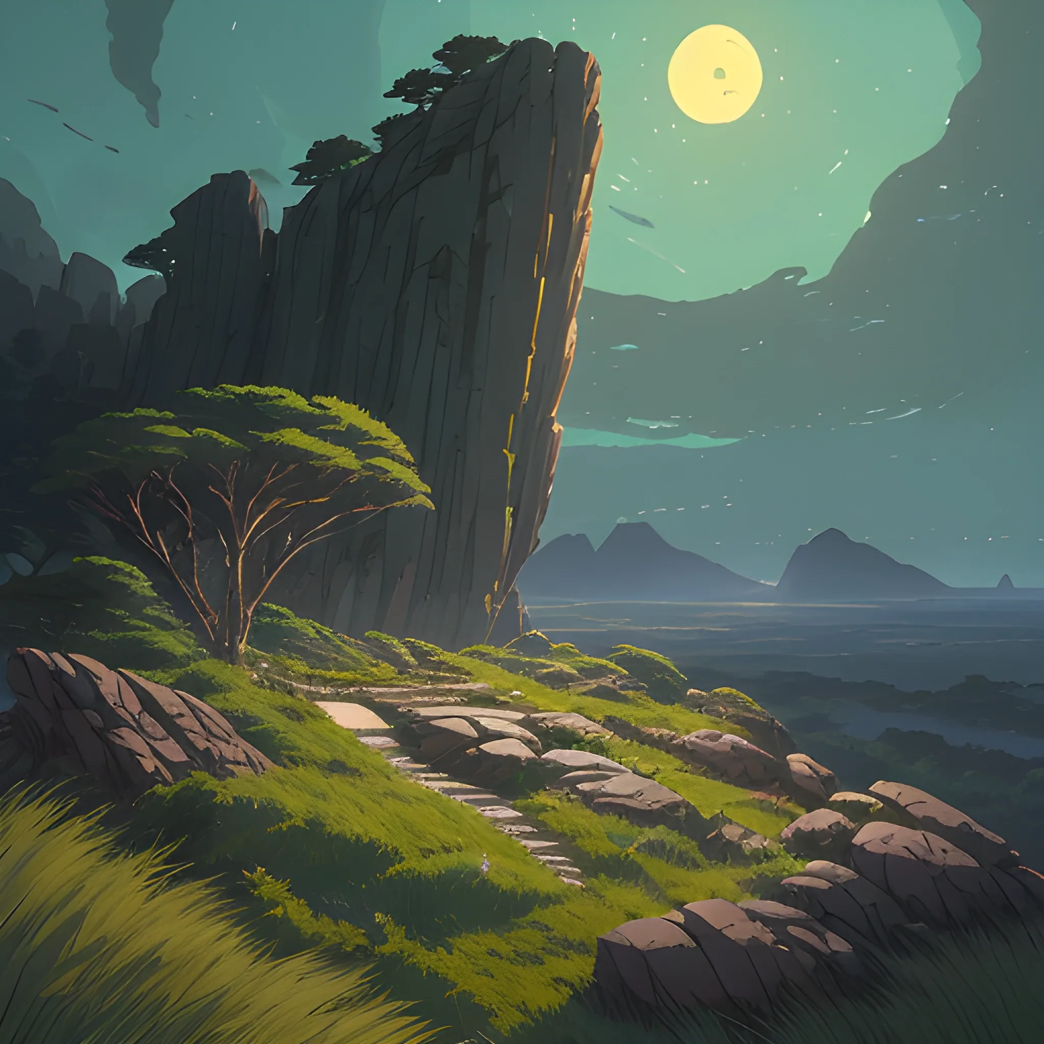 night, a top view of a giants rocks, grasses... in the style of makoto shinkai and greg rutkowski and albert bierstadt and james gurney