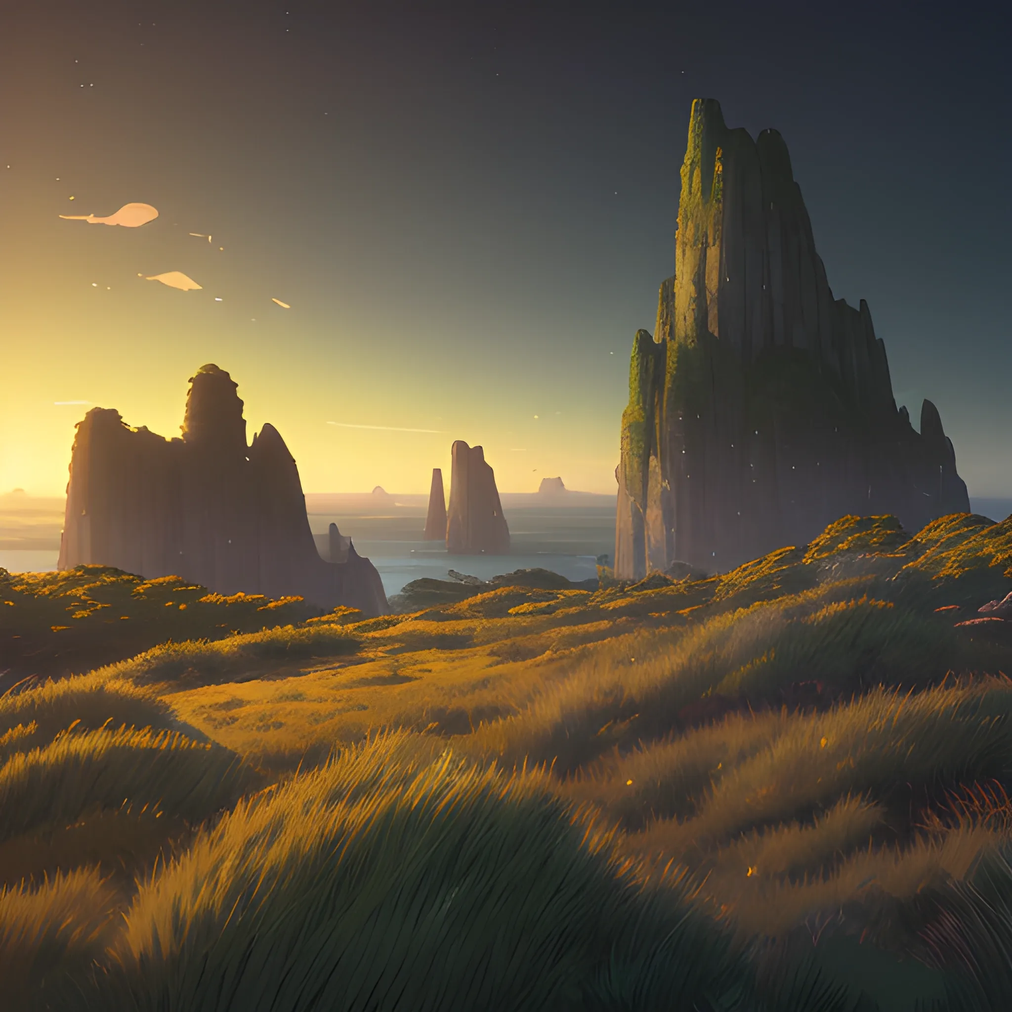 night, a top view of a giants rocks, grasses... in the style of makoto shinkai and greg rutkowski and albert bierstadt and james gurney