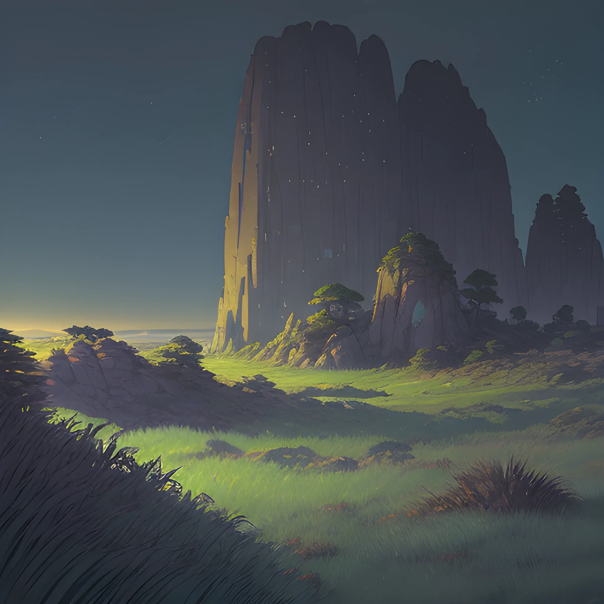 night, a top view of a giants rocks, grasses... in the style of makoto shinkai and greg rutkowski and albert bierstadt and james gurney