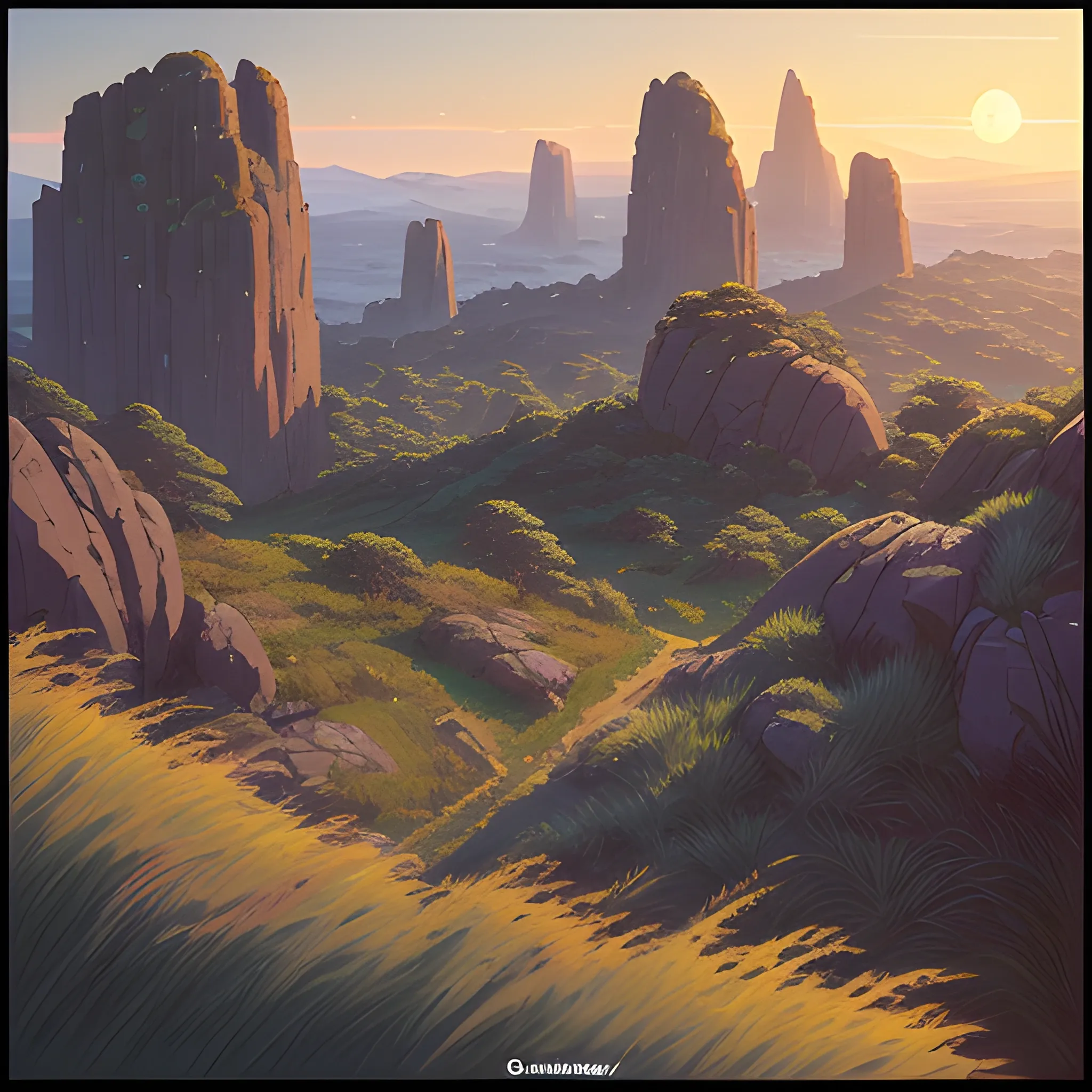 night, a top view of a giants rocks, grasses... in the style of makoto shinkai and greg rutkowski and albert bierstadt and james gurney