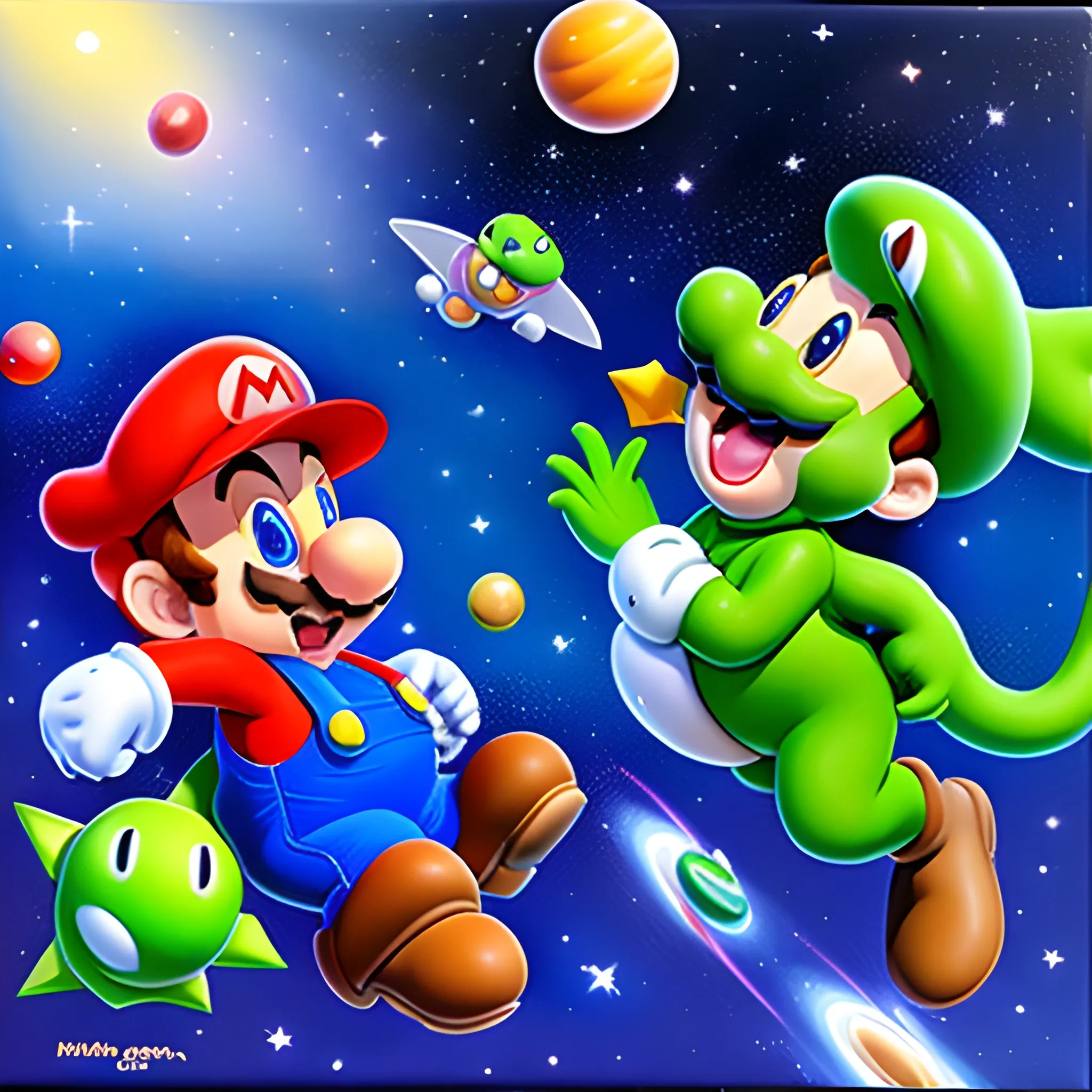 super mario and yoshi flying through the space, Oil Painting