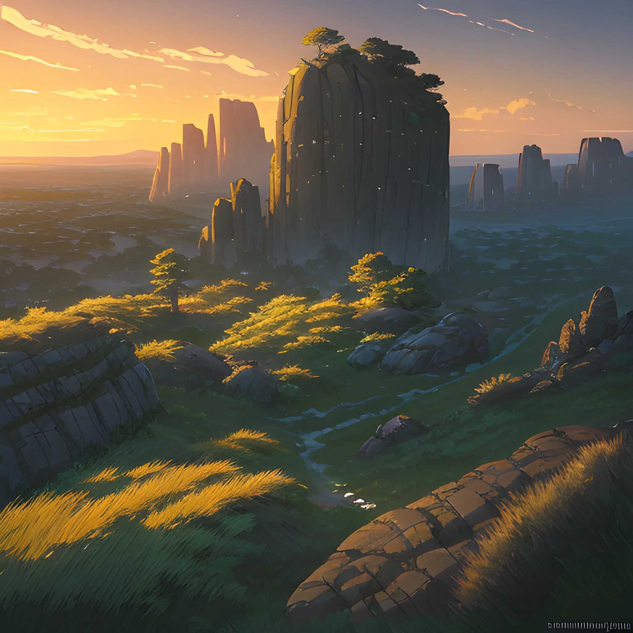 night, a top view of a giants rocks, grasses... in the style of makoto shinkai and greg rutkowski and albert bierstadt and james gurney