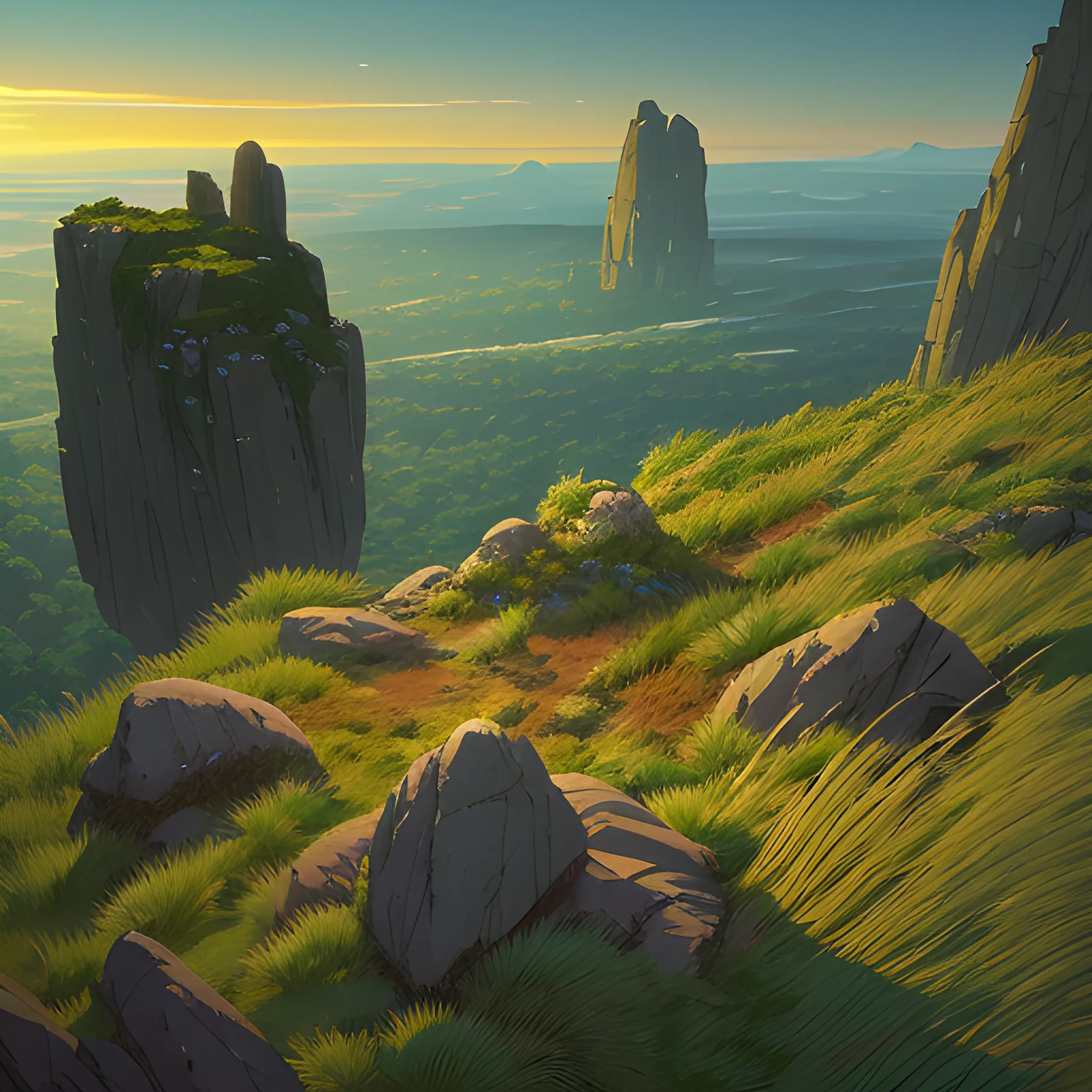 night, a top view of a giants rocks, grasses... in the style of makoto shinkai and greg rutkowski and albert bierstadt and james gurney