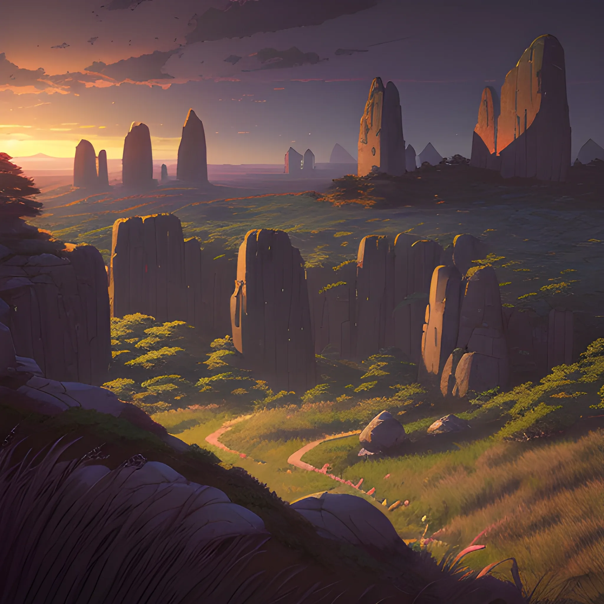 night, a top view of a giants rocks, grasses... in the style of makoto shinkai and greg rutkowski and albert bierstadt and james gurney