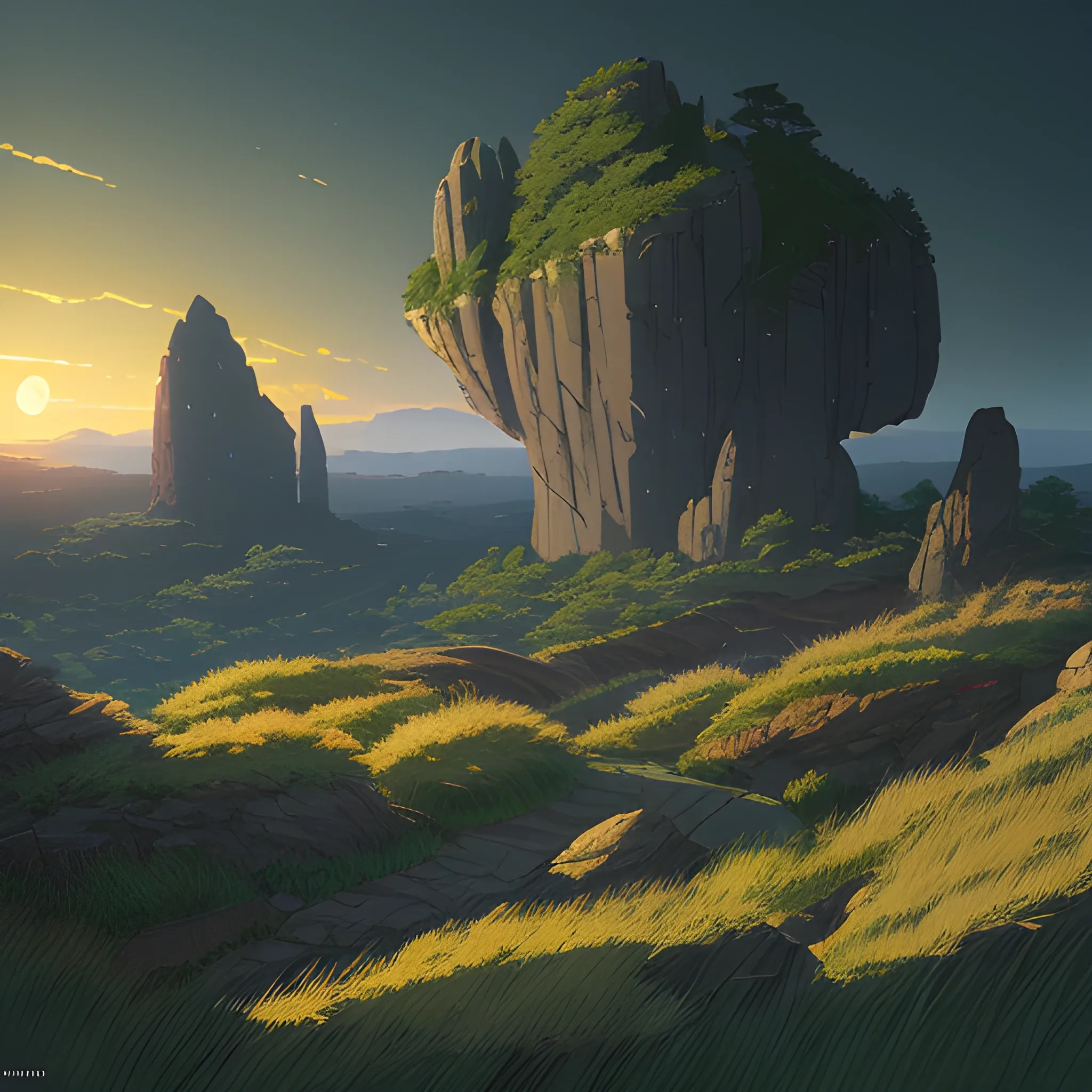 night, a top view of a giants rocks, grasses... in the style of makoto shinkai and greg rutkowski and albert bierstadt and james gurney