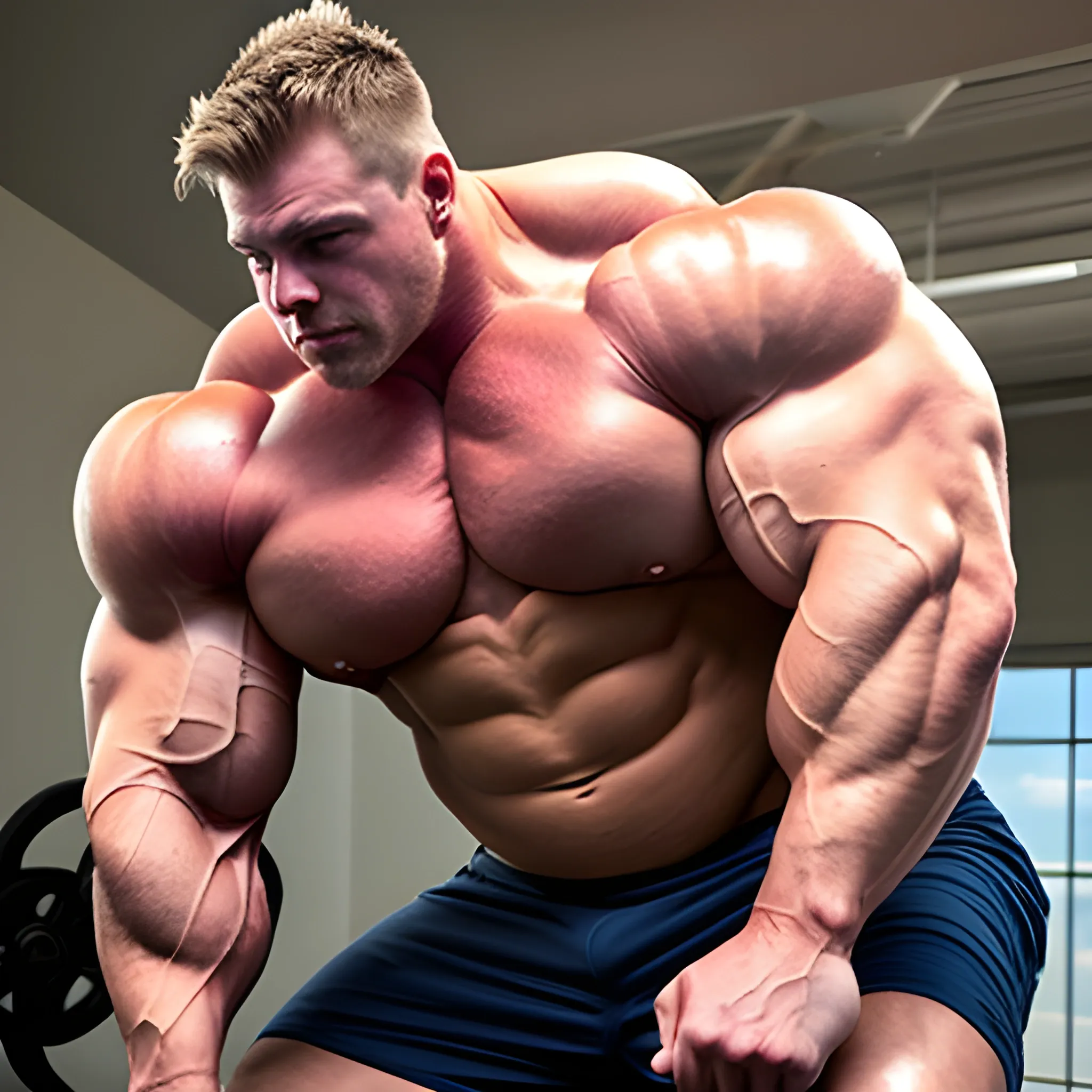 3-meters, american man, beaatiful muscle morph, 3000 lbs bodybuilder, gigantic 300 inches bicep, 