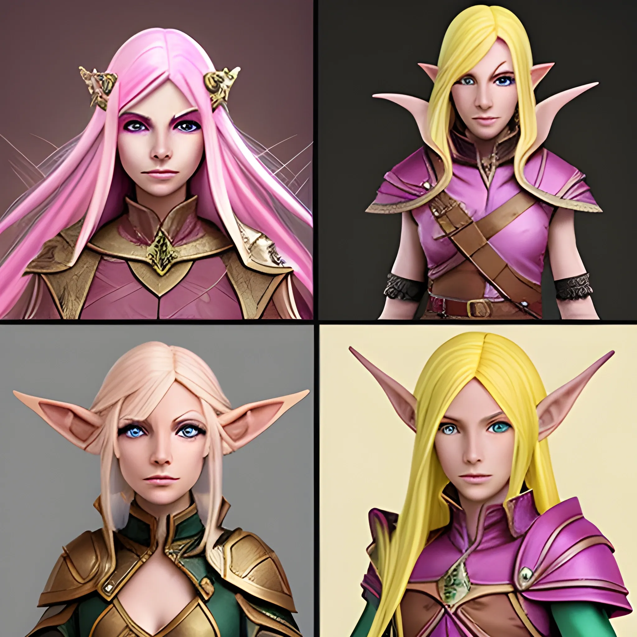 Create a dungeons and dragons character which is an Eladrin Elf female. Yellow hair. Pink clothing. Pink eyes