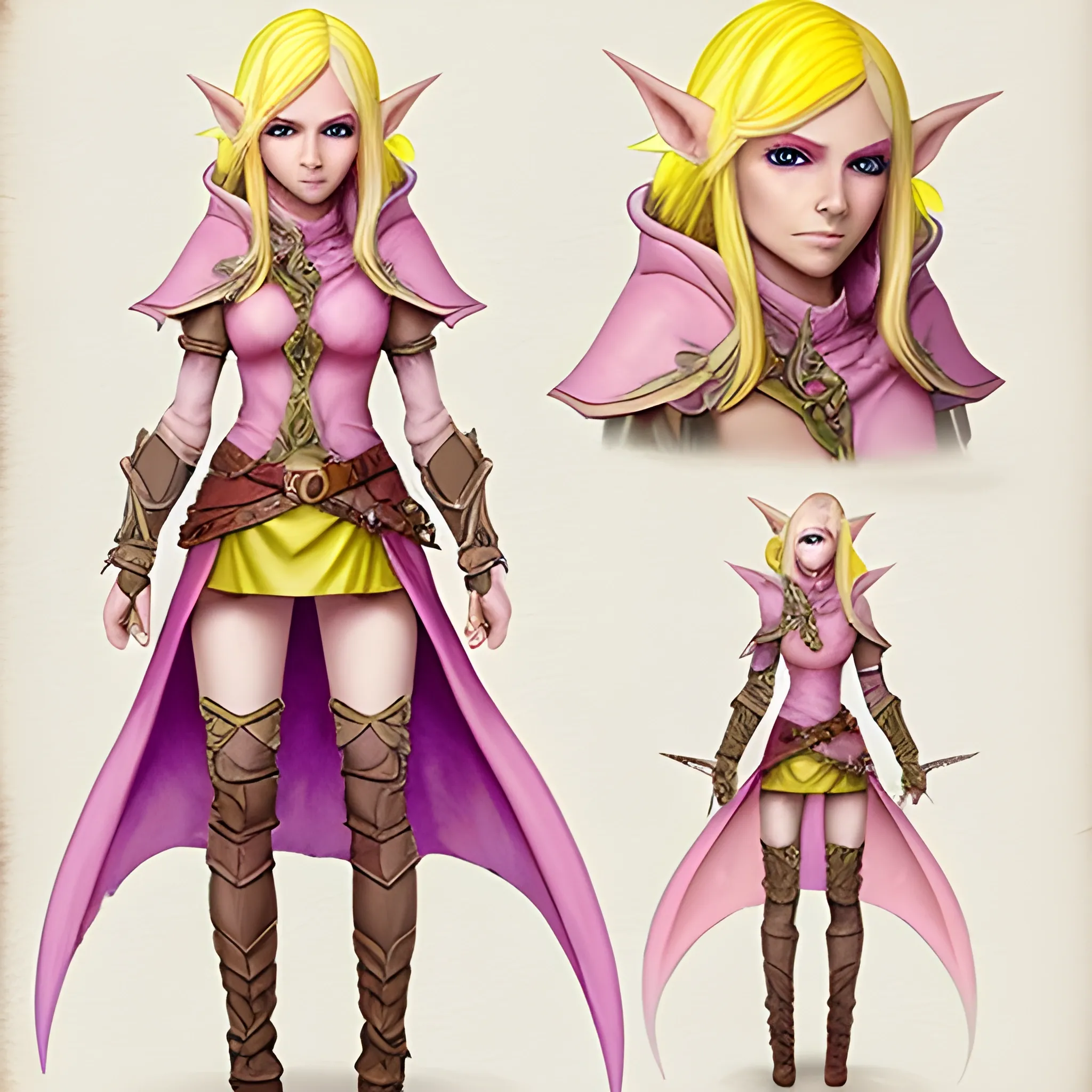 Create a dungeons and dragons character which is an Eladrin Elf female. Yellow hair. Pink clothing. Pink eyes, Water Color