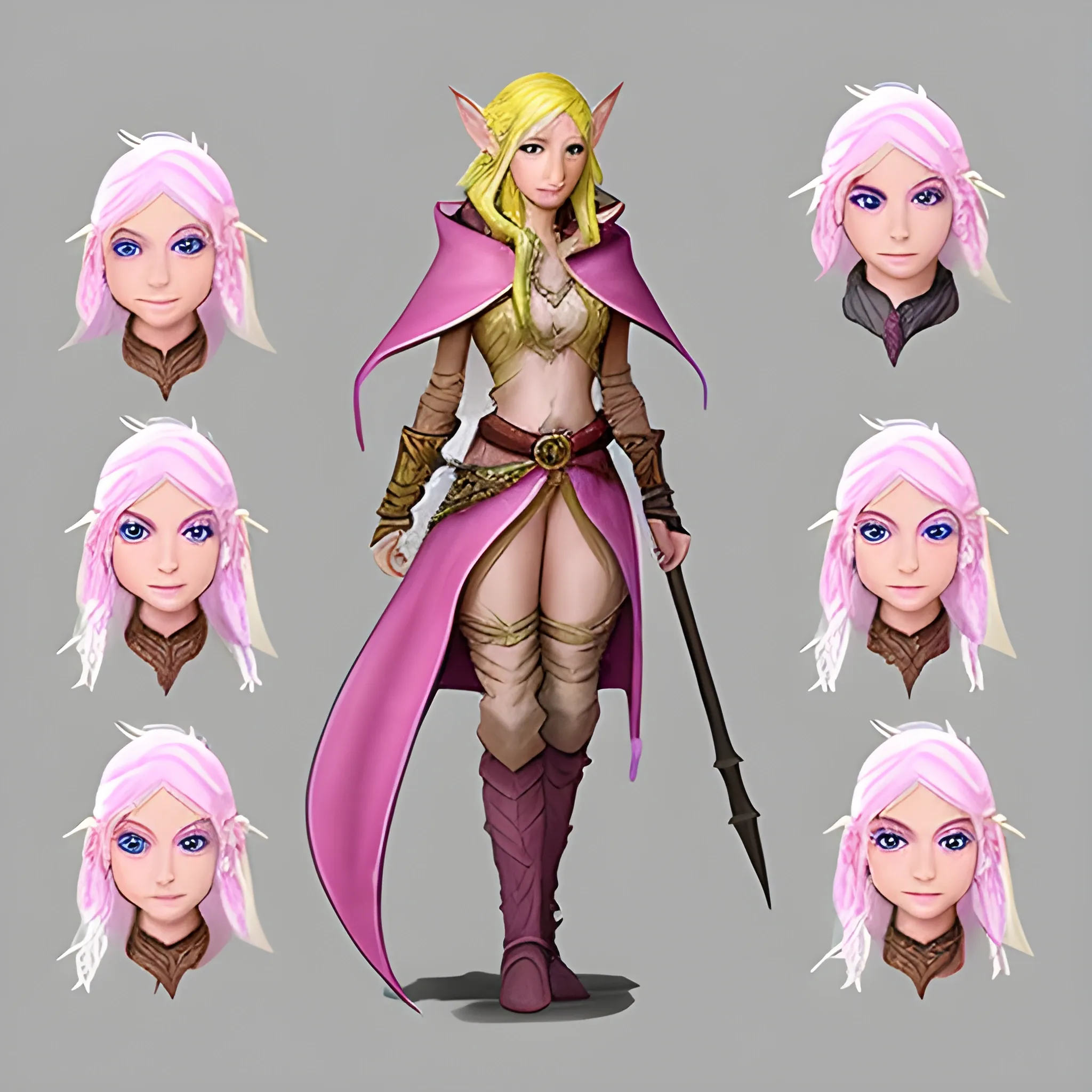 Create a dungeons and dragons character which is an Eladrin Elf female. Yellow hair wavy. Pink clothing. Pink eyes, Water Color