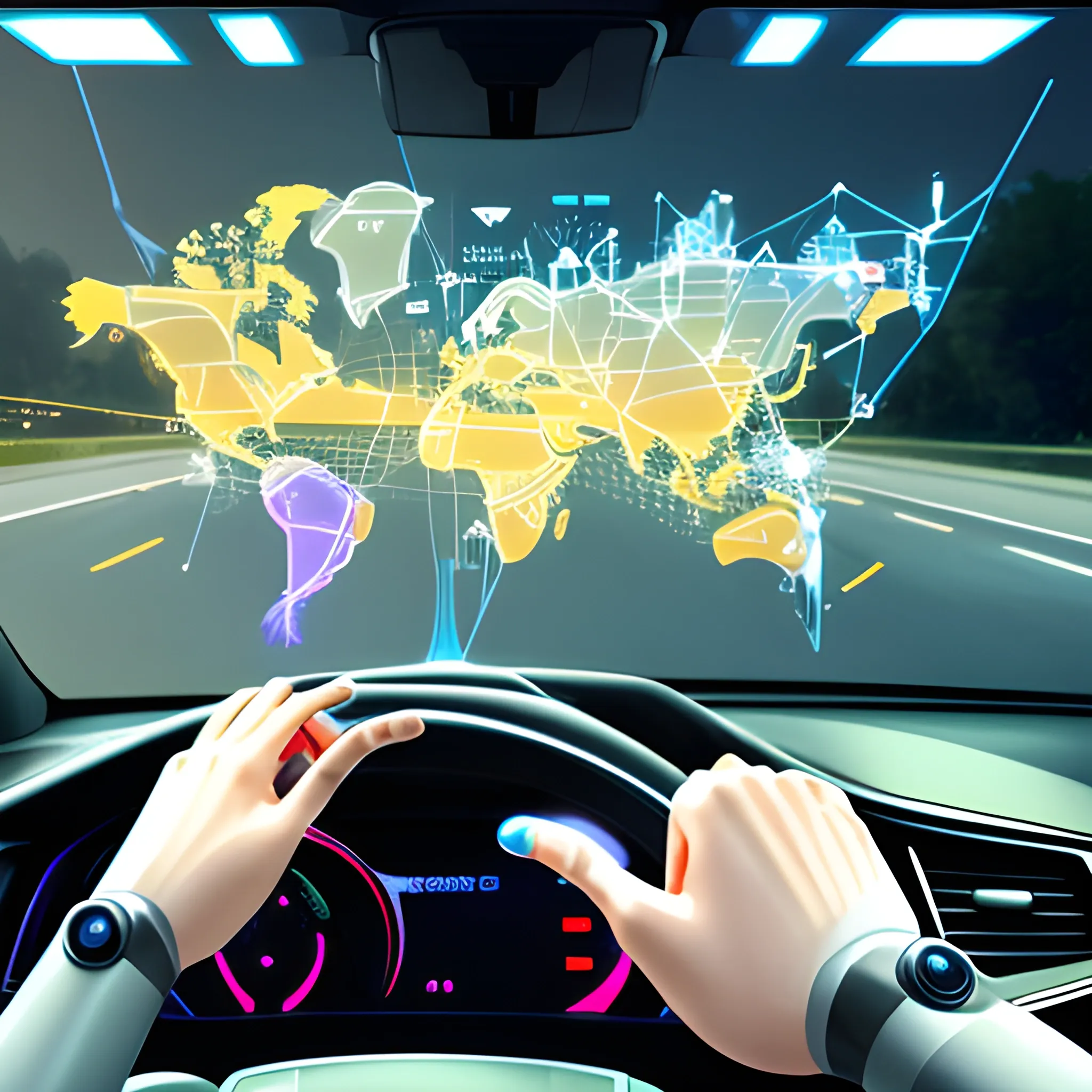 AI robot driver finger pointing to car windshield and a glowing location map network connection. Concept of lifestyle with technology robot and AI.