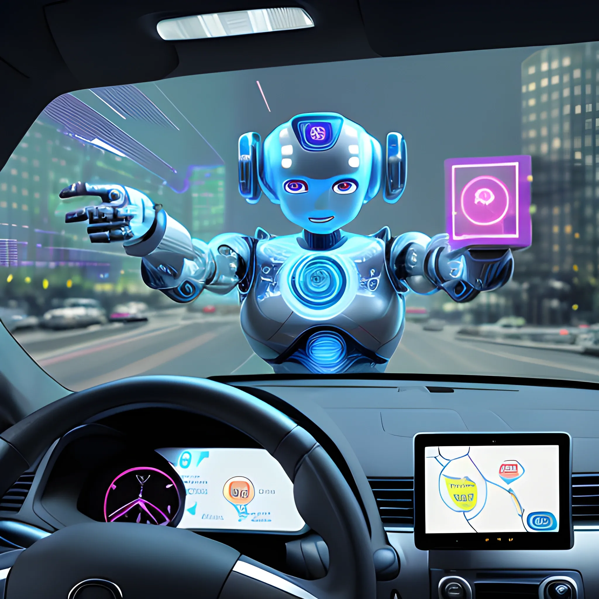 Create images of a robot sitting in the driver's seat of a car where she finger pointing to car windshield, appears with an expansion of a glowing location map,  hologram of everything the user could have access to related to the consumer experience and network connection. Concept of lifestyle with technology robot and AI