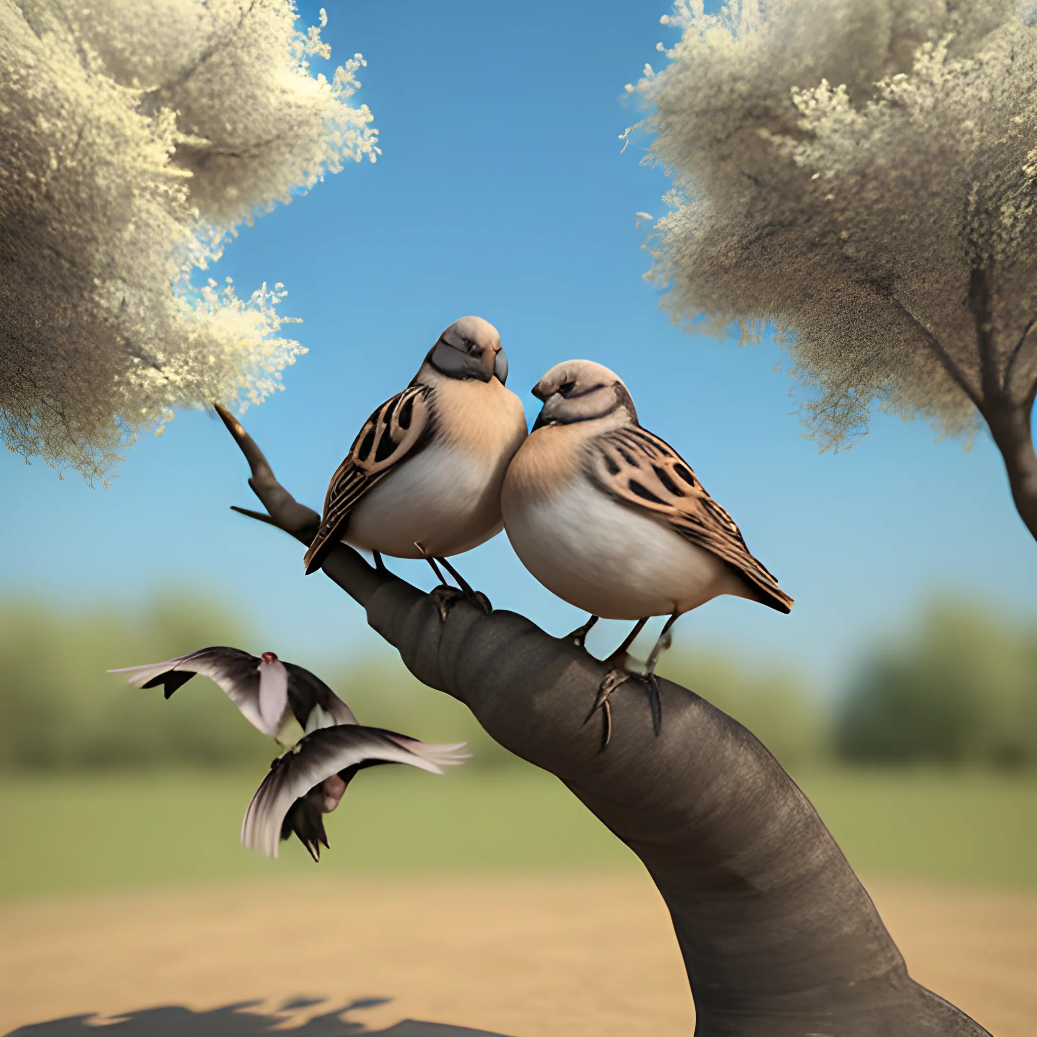 A flock of sparrows is siting on a tree., 3D