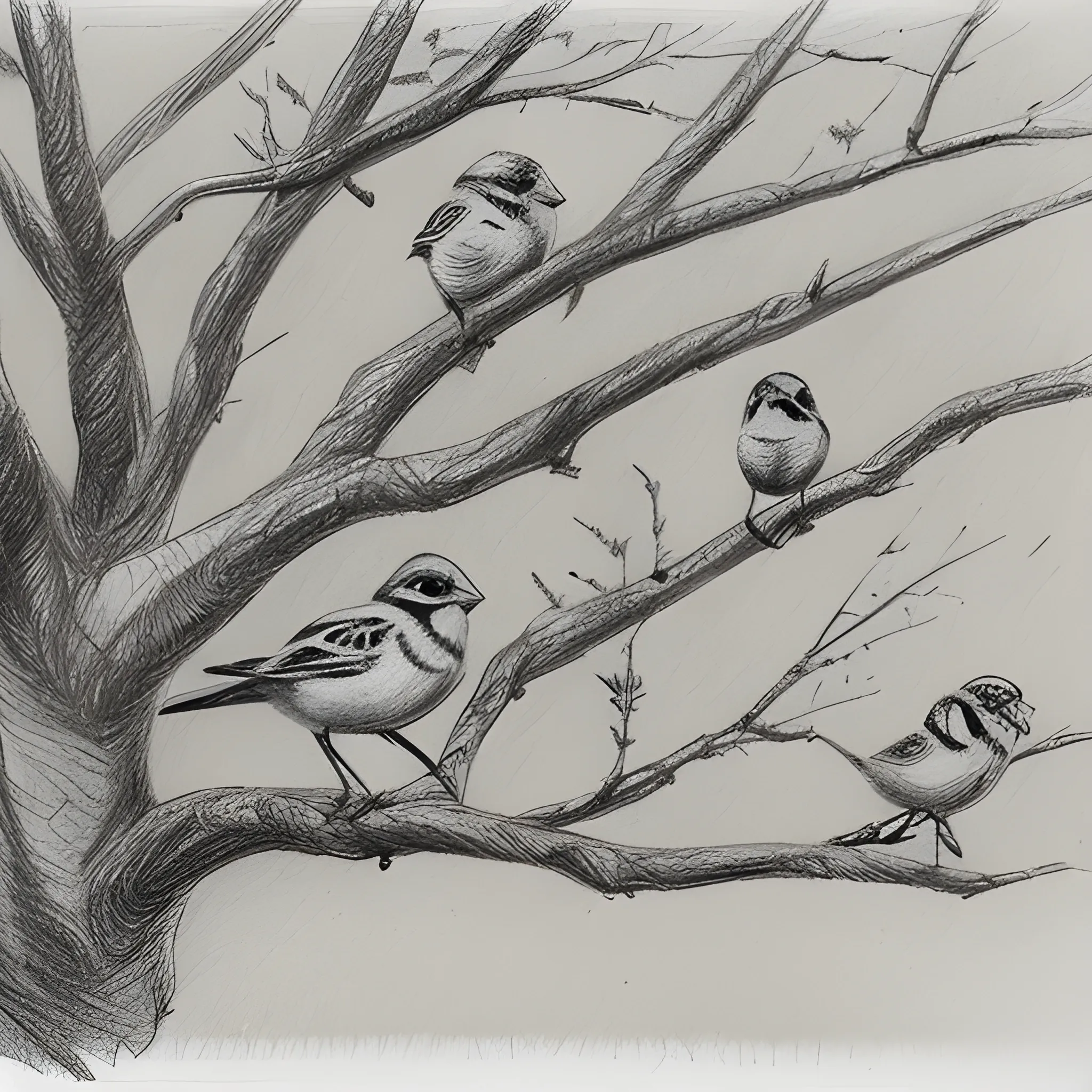 A flock of sparrows is siting on a tree., Pencil Sketch