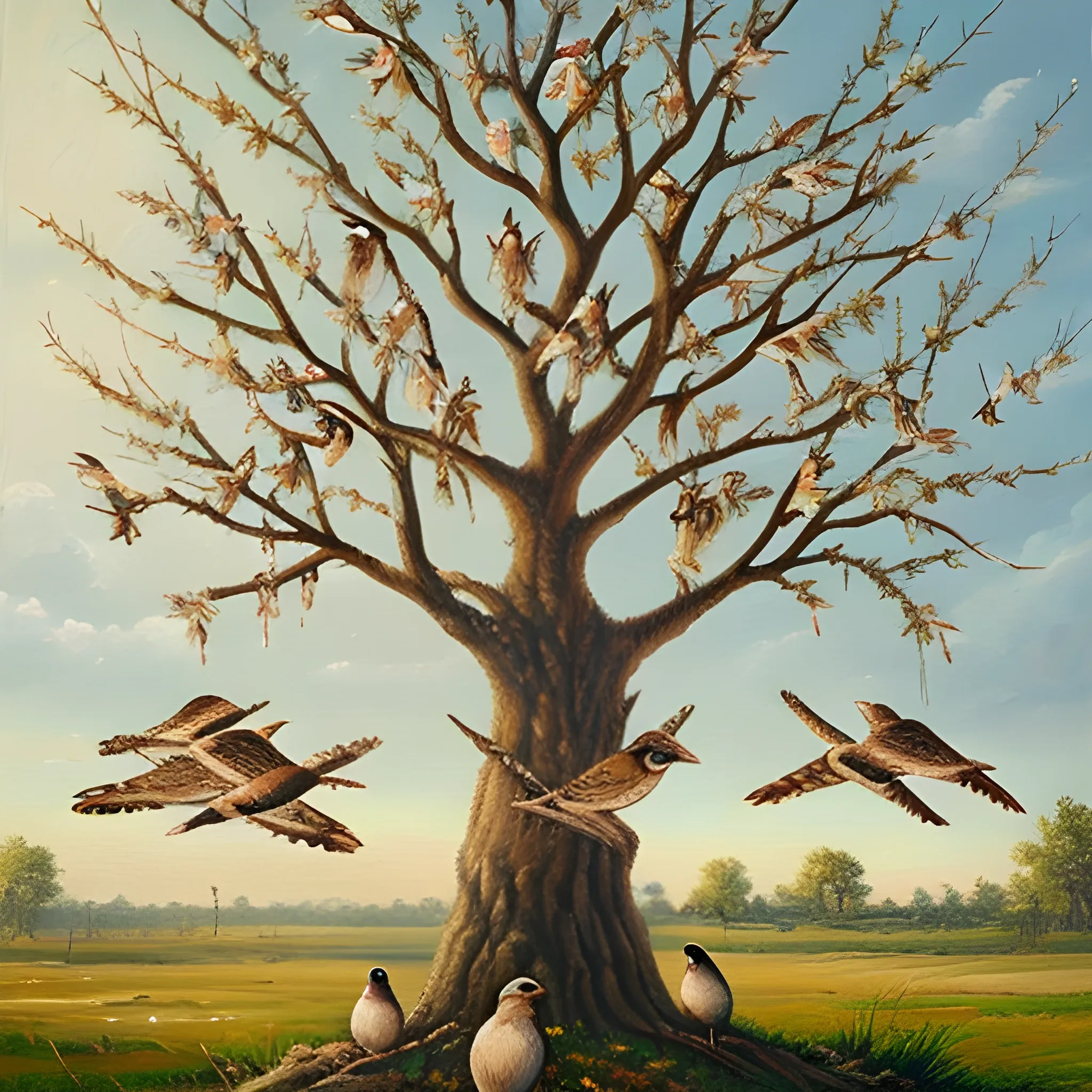 A flock of sparrows is siting on a tree., Oil Painting