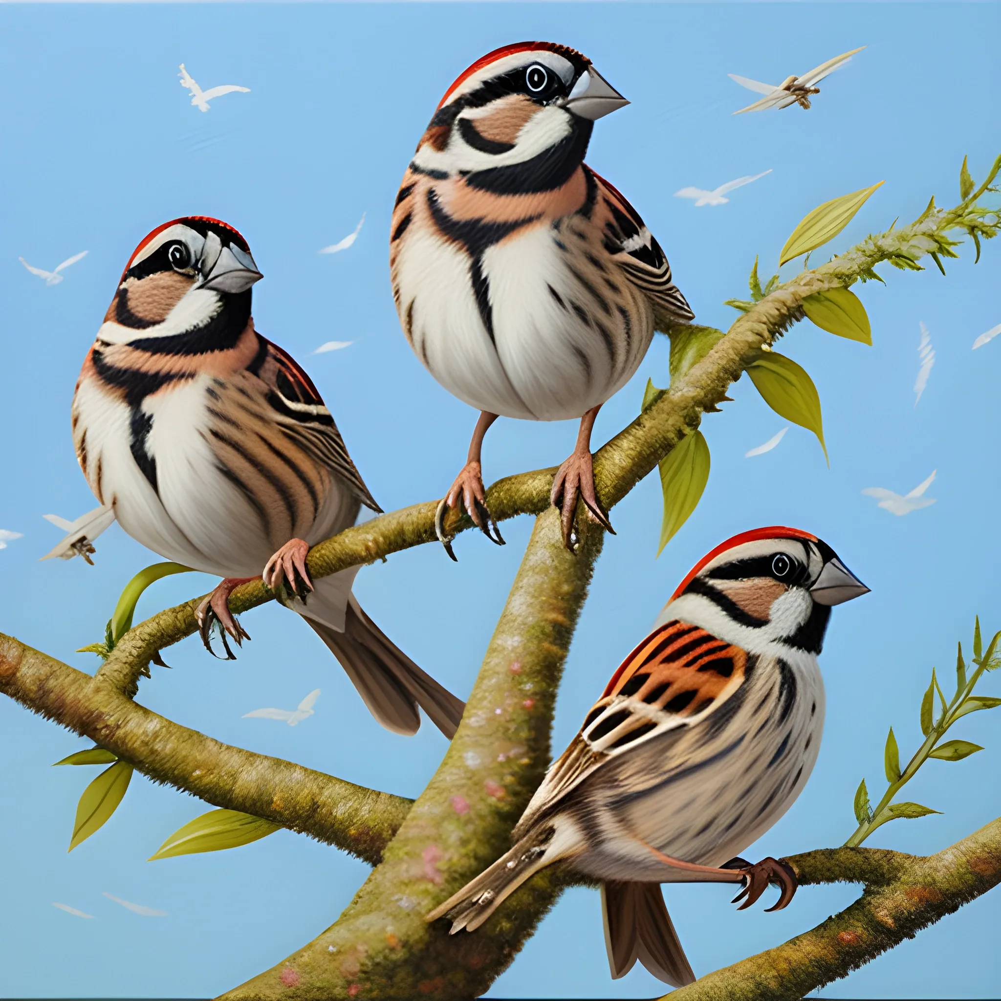 Sparrows are siting on a tree., Oil Painting