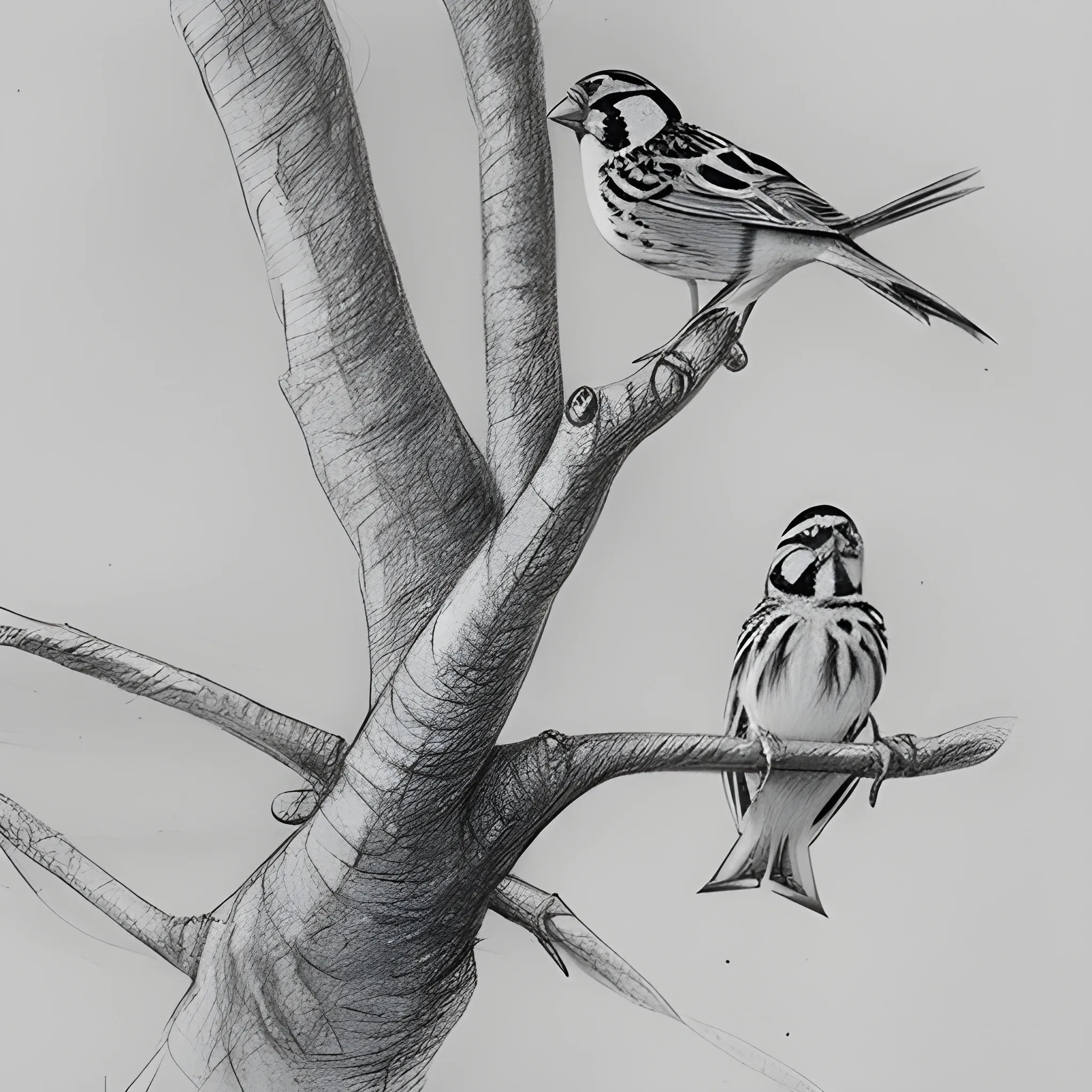 Sparrows are siting on a tree., Pencil Sketch