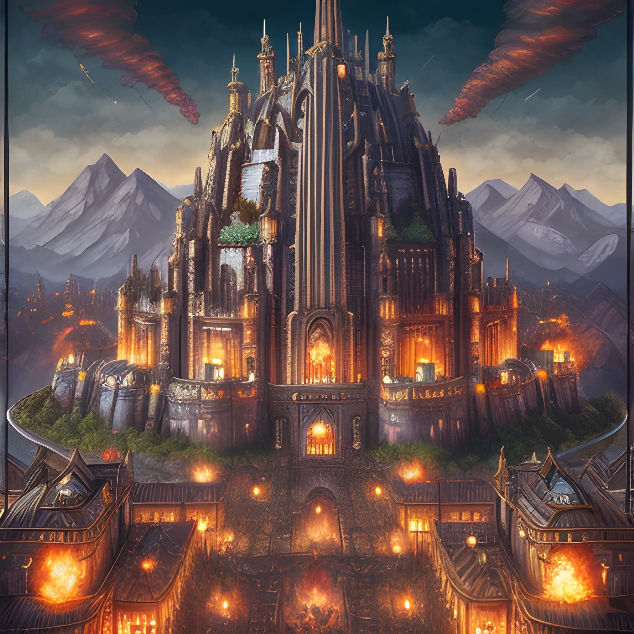 Authentic illustration of a city in Warhammer Fantasy, enormous mountain, 4k, city landscape, high quality, high resolution, steam plumes, industry, dwarven, art deco architecture