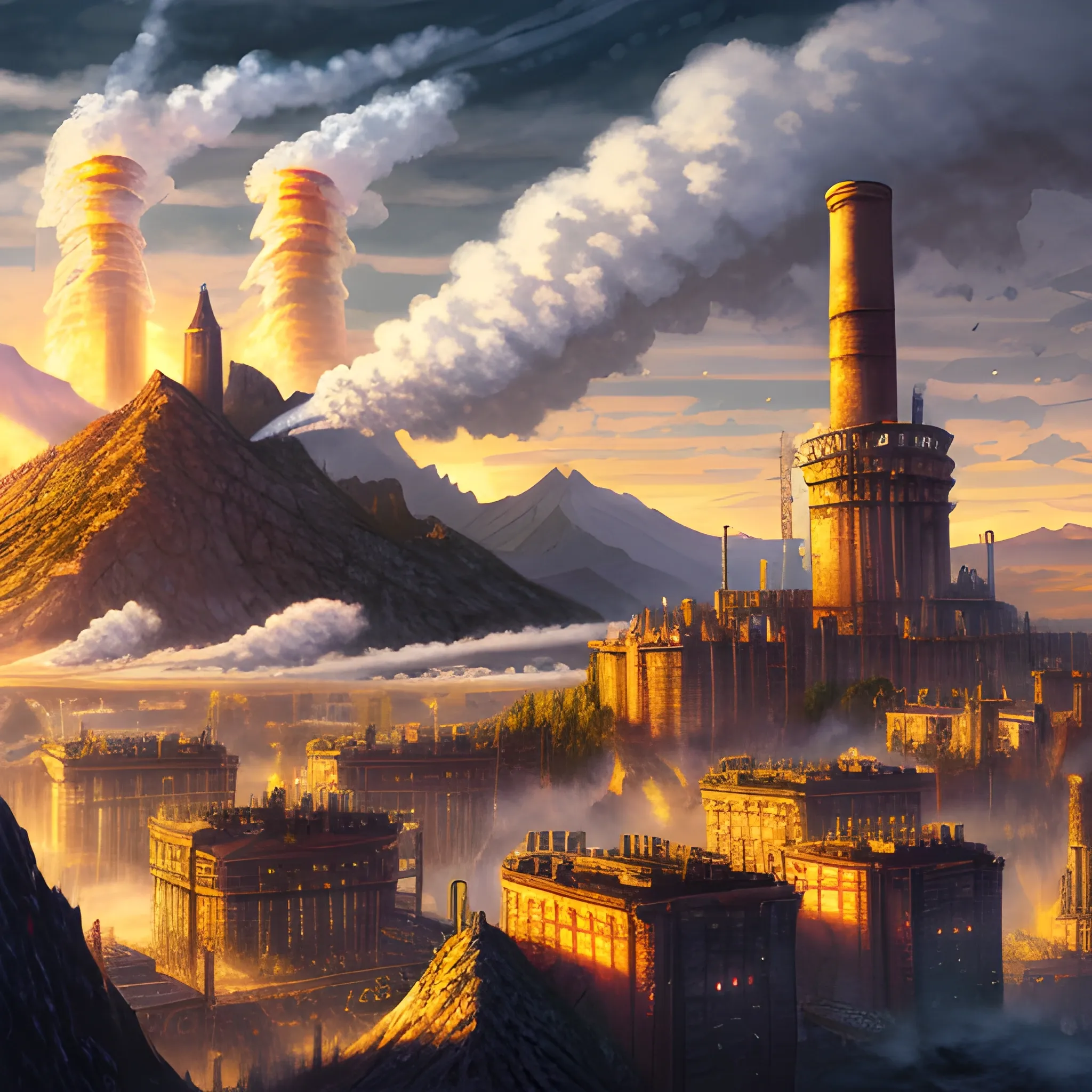 Authentic illustration of a city in Warhammer Fantasy, enormous mountain, 4k, city landscape, high quality, high resolution, steam plumes, industry, art deco, smoke stacks on a mountain