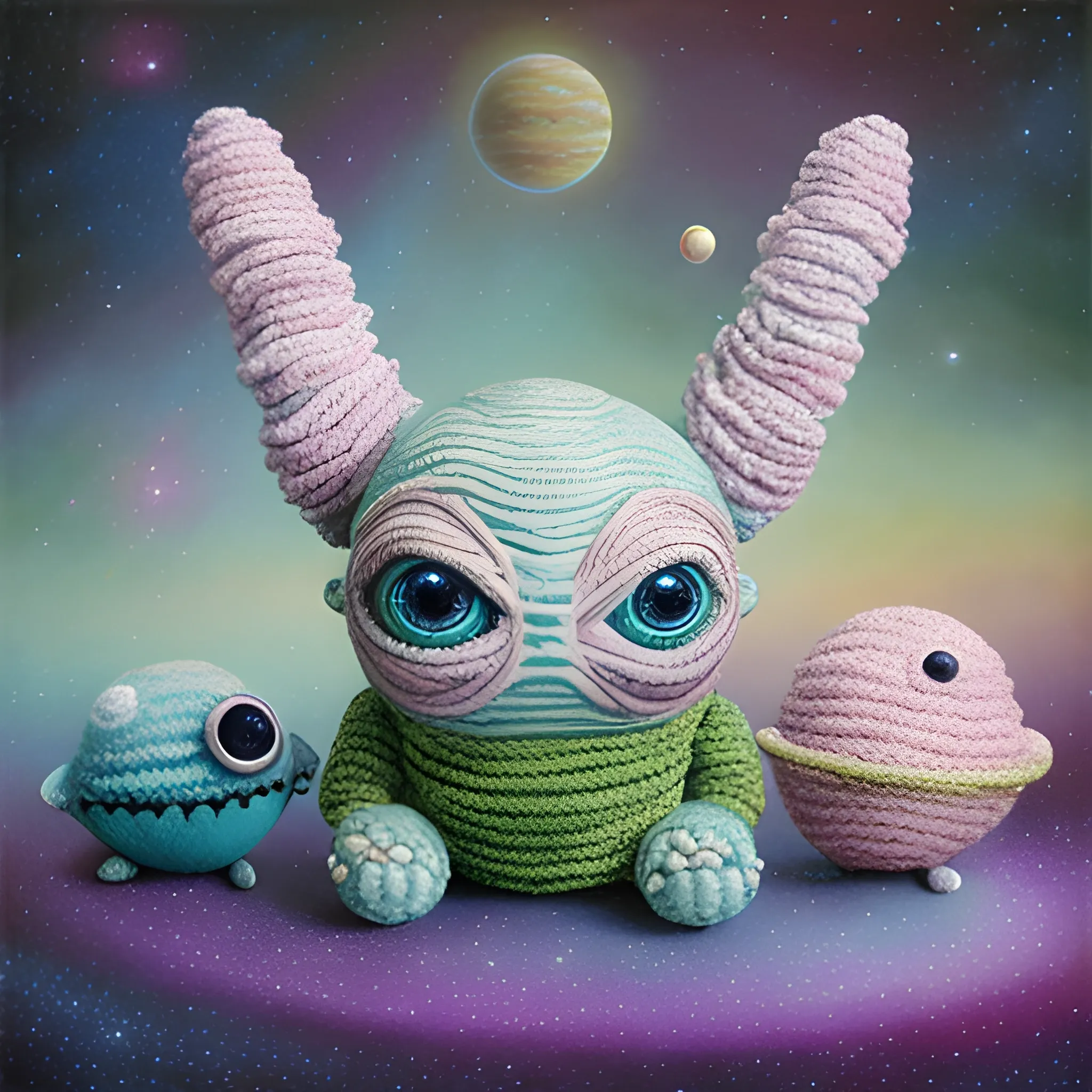 3d Oil Painting,Hirogen plushy made of fluffy knitted chenille yarn, intricate stitches, space-themed stuffed Alien toy, pastel colors, ethereal fantasy, photorealistic, intricate details, art by Mark Ryden, Pixar, Hayao Miyazaki, 4k resolution