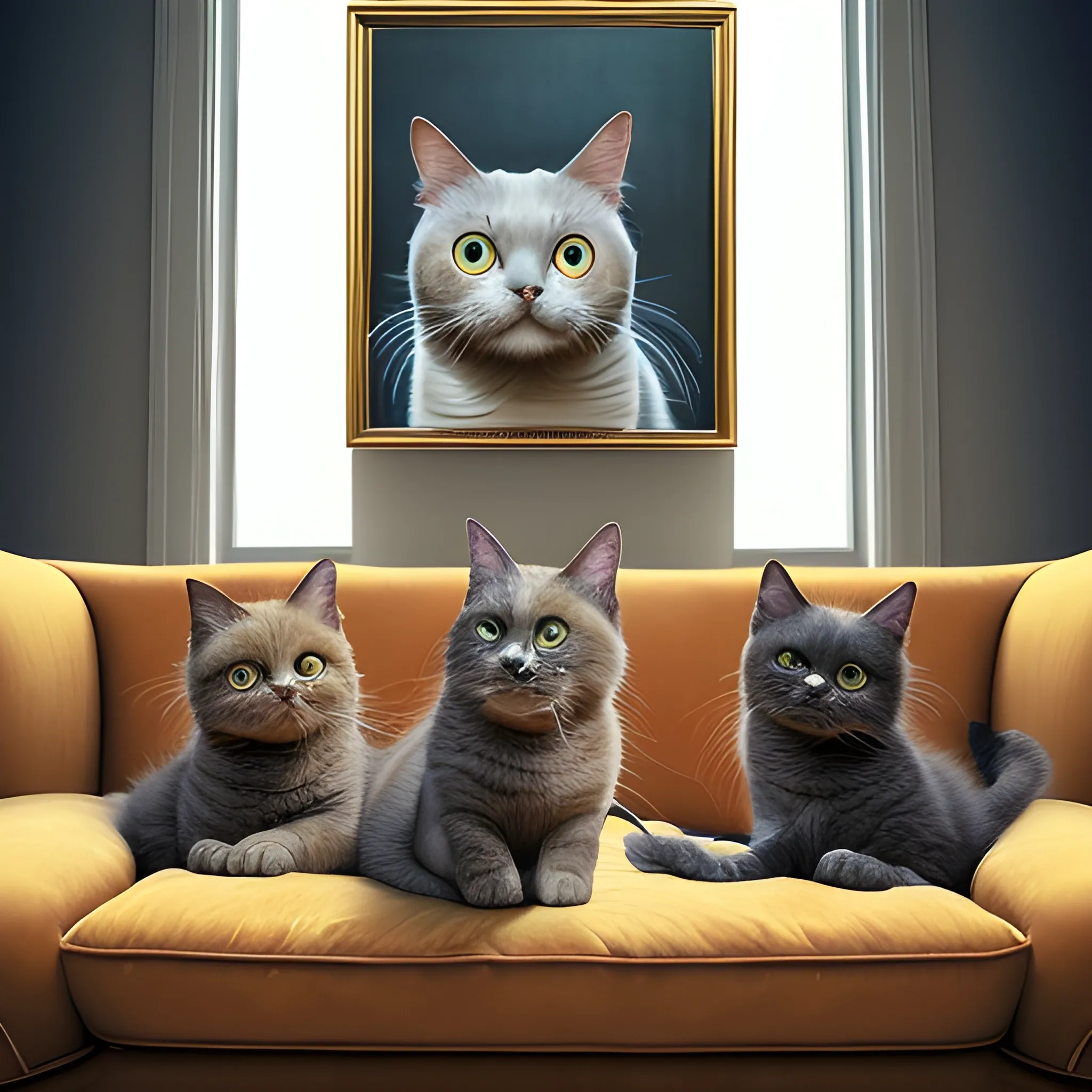 3d Oil Painting, Ragdoll cats on Velvet couch, Feline Cinematic Masterpiece by Tom Wänerstrand,,Indoor lighting,Cat character design, constructivism, perfectionism, lush detail, insanely detailed, fine art photograph, masterpiece, golden ratio composition, beautiful, fine detail, excellent, exquisite, unique, outstanding, perfect symmetric eyes, symmetric features, wonderful, cat fortress courtyard in the background, evening